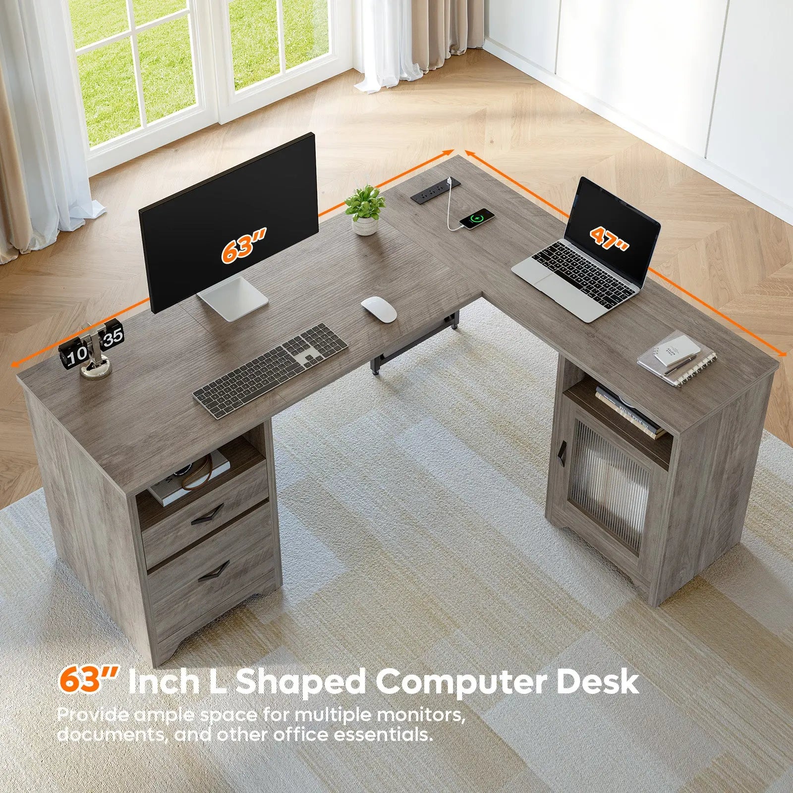 Bestier 63" Farmhouse L Shaped Desk Office Computer Desk with Charging Station & Cabinet, Corner Desk with File Drawers for Home Office Bestier