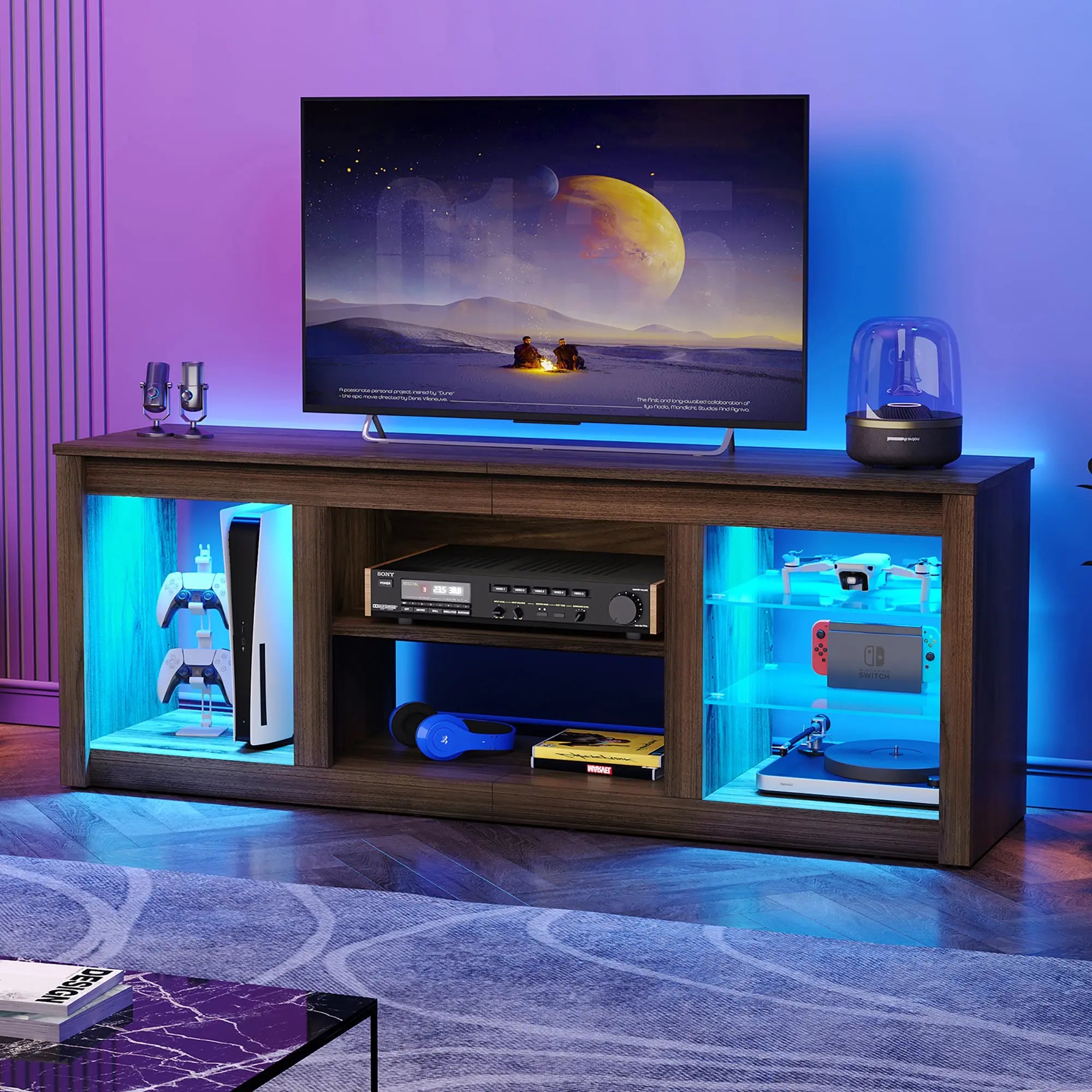 Bestier walnut LED entertainment center with storage shelves, PS5, Switch, lighting.