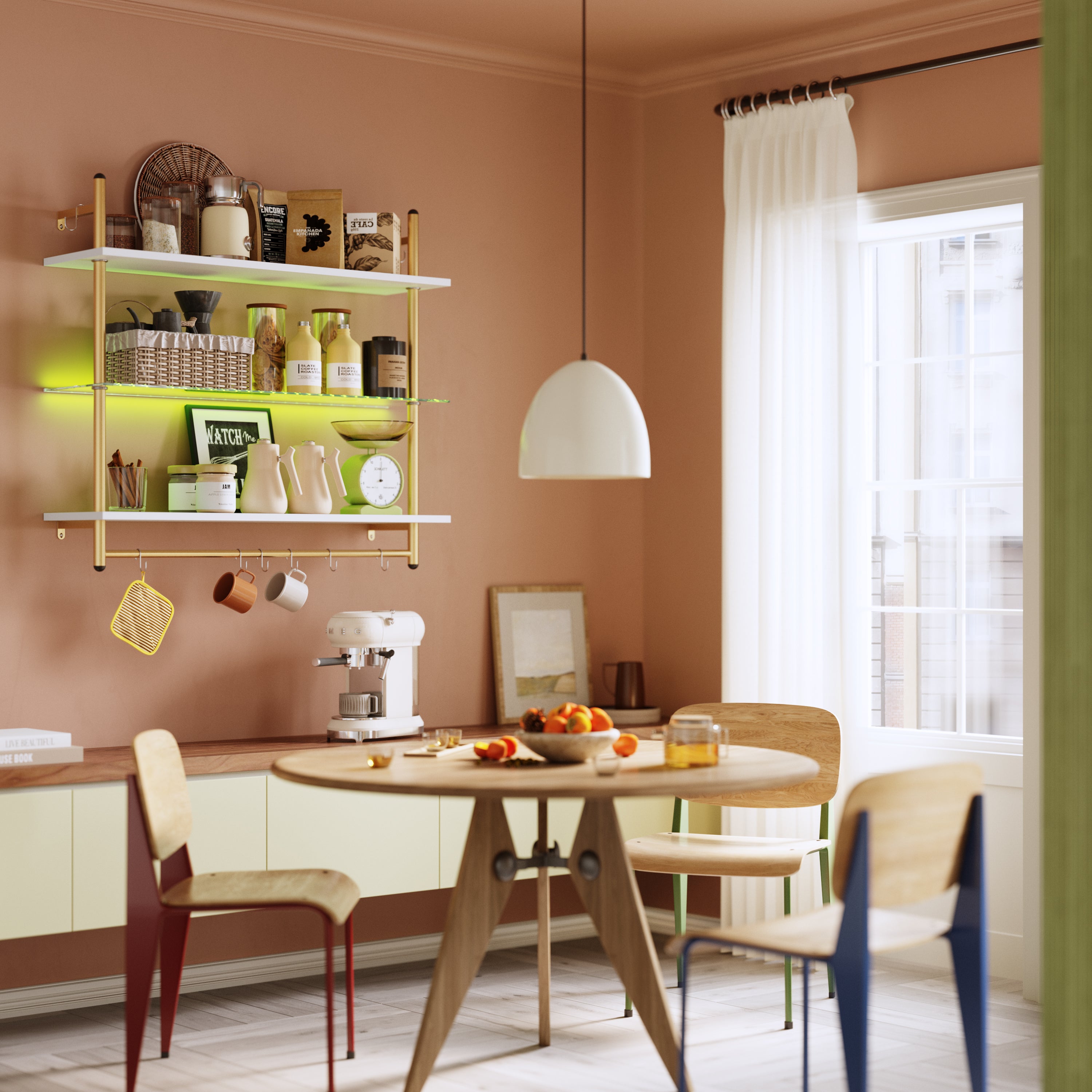 Bestier 41" Floating Shelves with LED Light, 3-Tier Wall-Mounted Wood Shelves with 8 S-Hooks, White Finish & Gold Frame