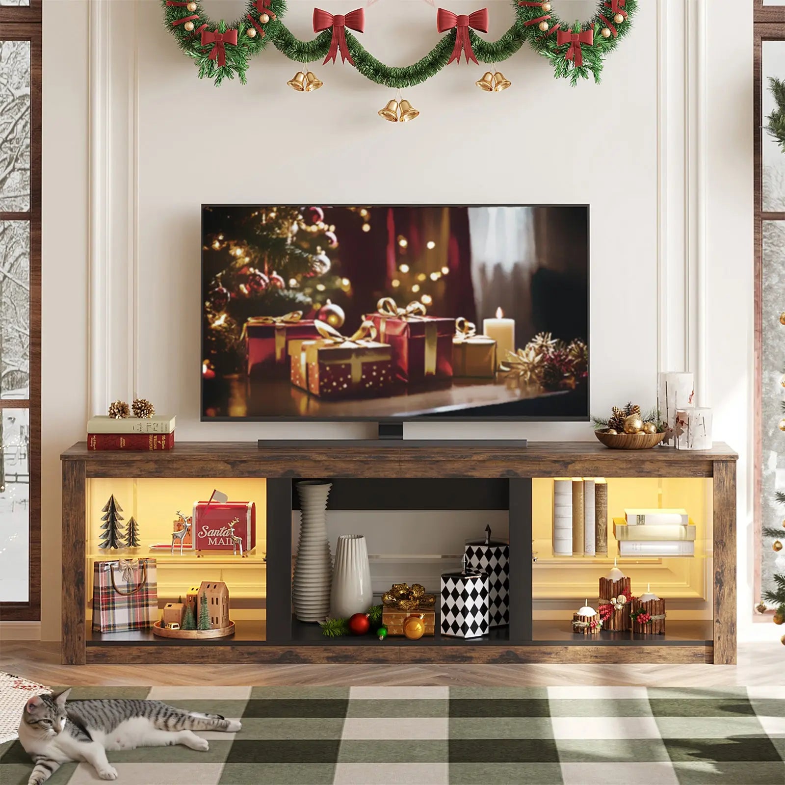 Bestier 70 Inch Fireplace TV Stand for TV up to 75", LED Entertainment Center with 23" Electric Fireplace Media Console Table for Living Room with Glass Shelves Bestier