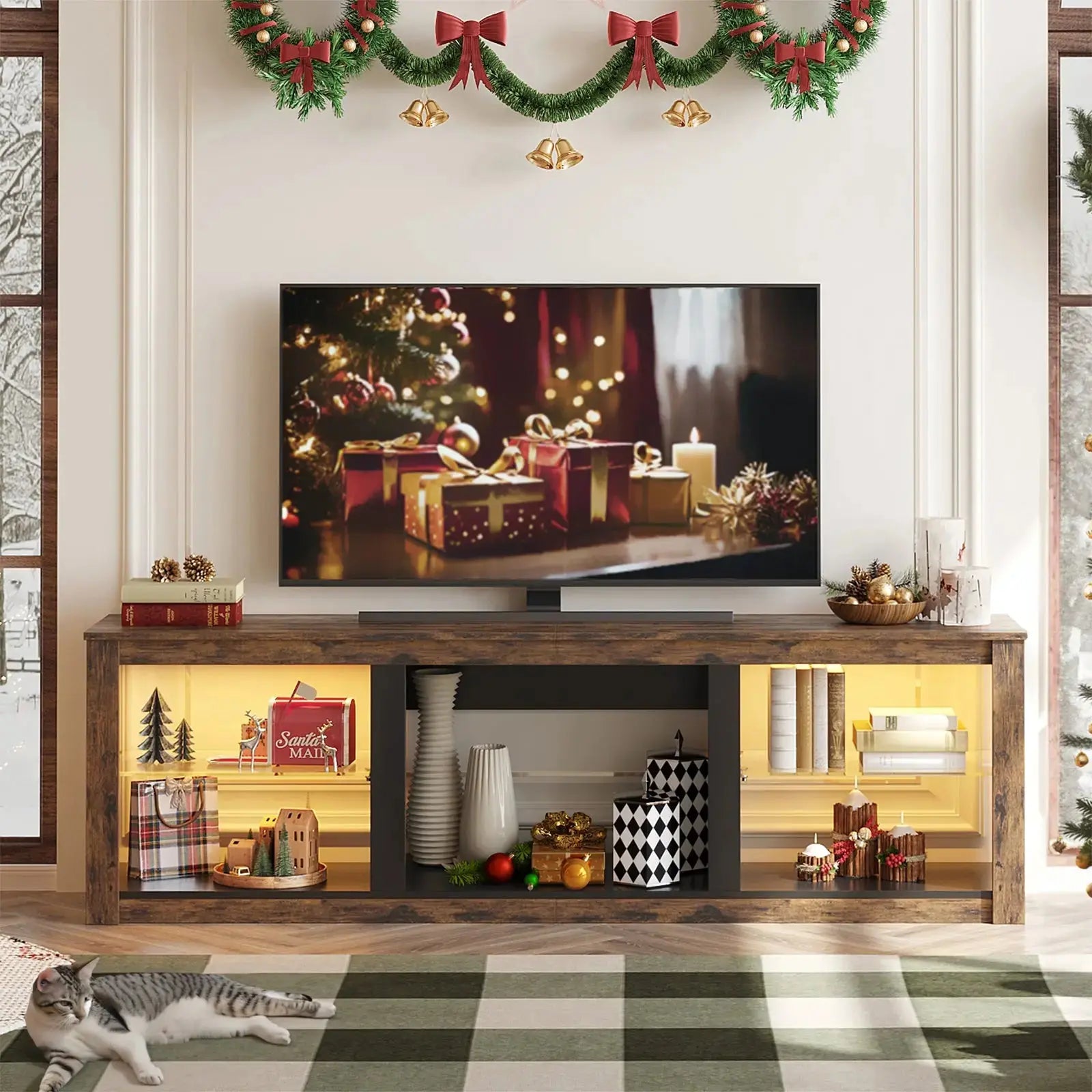Bestier 70 Inch Fireplace TV Stand for TV up to 75", LED Entertainment Center with 23" Electric Fireplace Media Console Table for Living Room with Glass Shelves Bestier