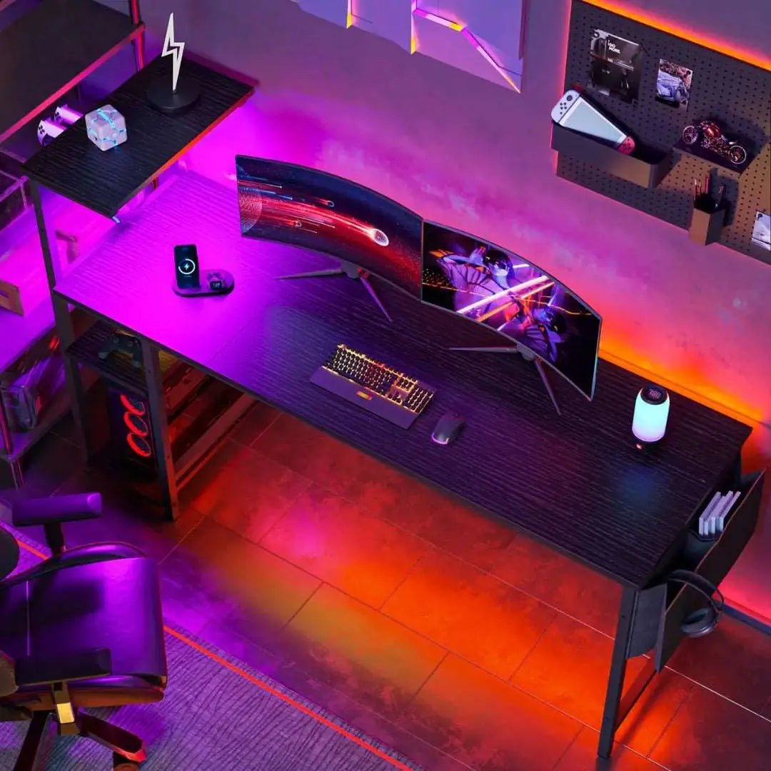 61 Inch Gaming Desk of Black Grained with 4 Tiers Shelves & Storage Bag - Bestier