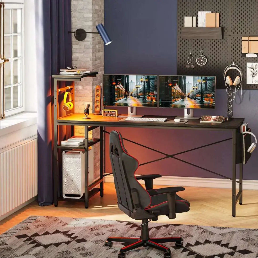 61 Inch Gaming Desk of Black Grained with 4 Tiers Shelves & Storage Bag