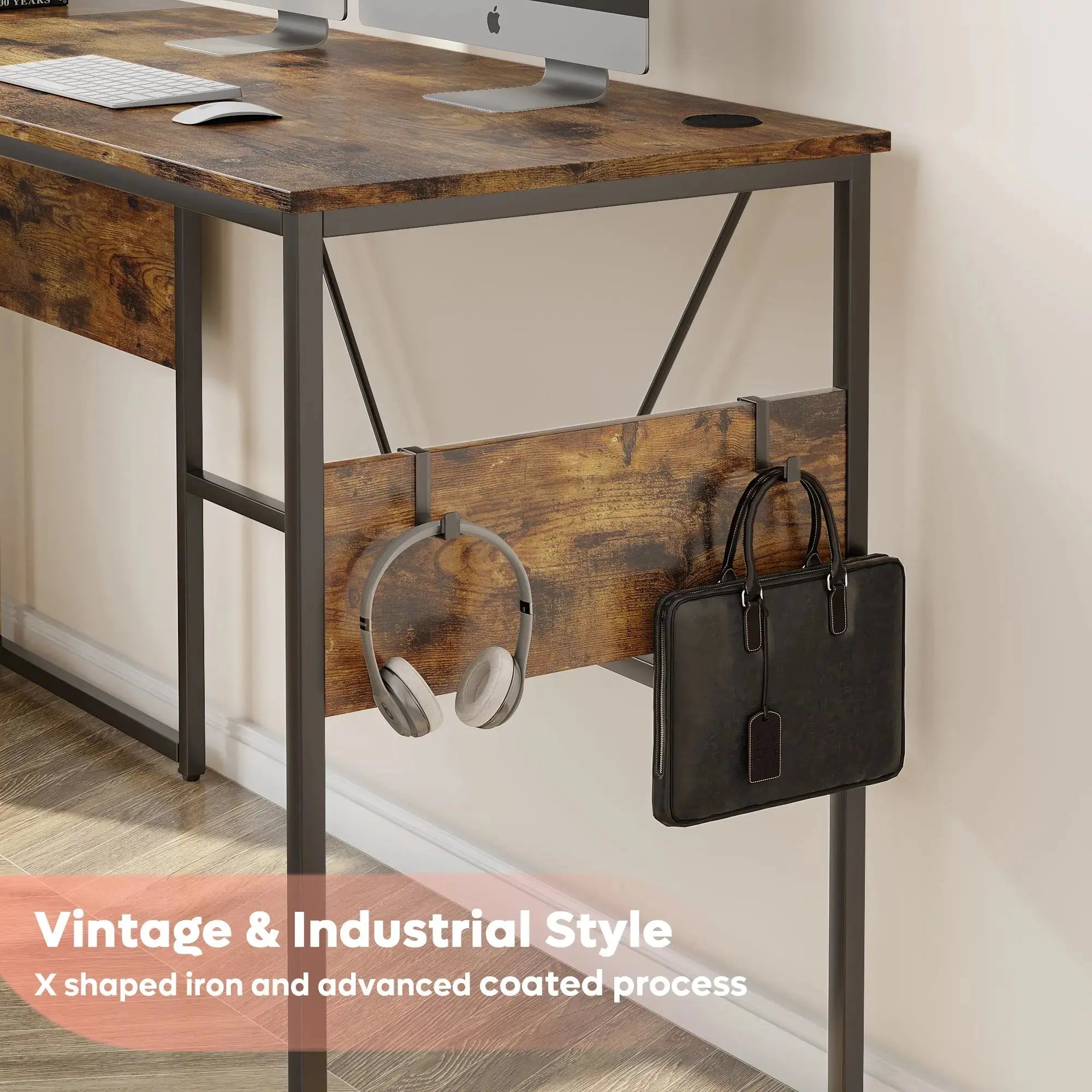 Bestier vintage industrial desk, wood top, metal frame, removable hooks for accessories.