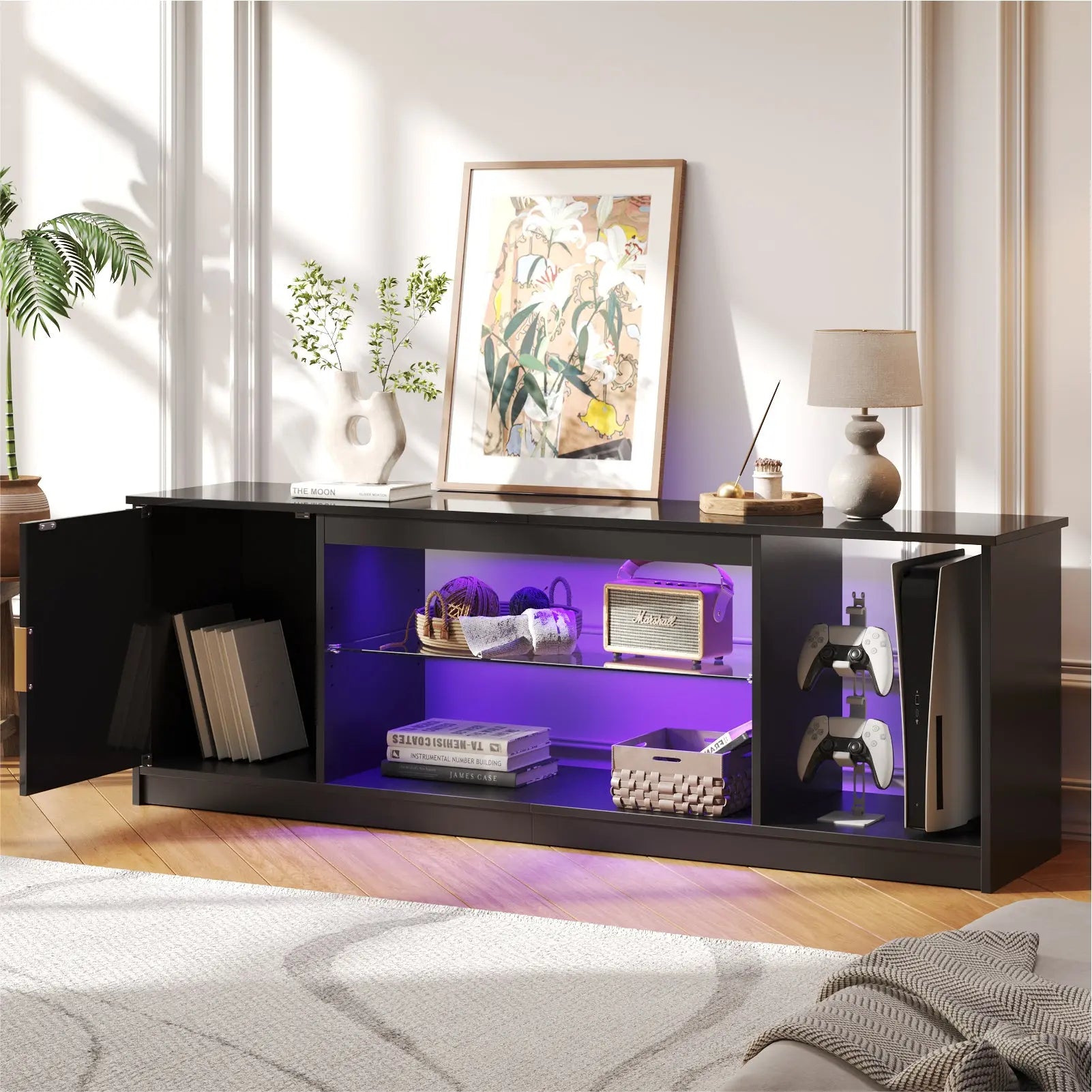 Bestier Fluted TV Stand for TVs up to 65 inch with LED Lights, High Glossy Entertainment Center with Storage Cabinet & Shelves Bestier