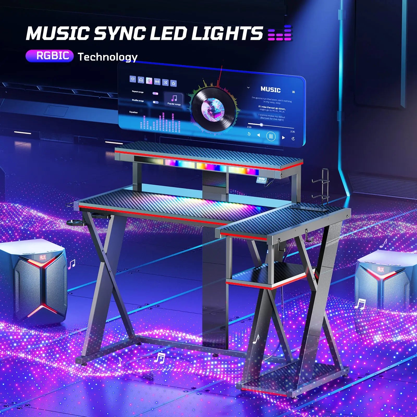 Bestier 42-inch L-shaped Gaming Desk with RGB Music Sync Lights, 3 AC Outlets & Dual Cup Holders Bestier