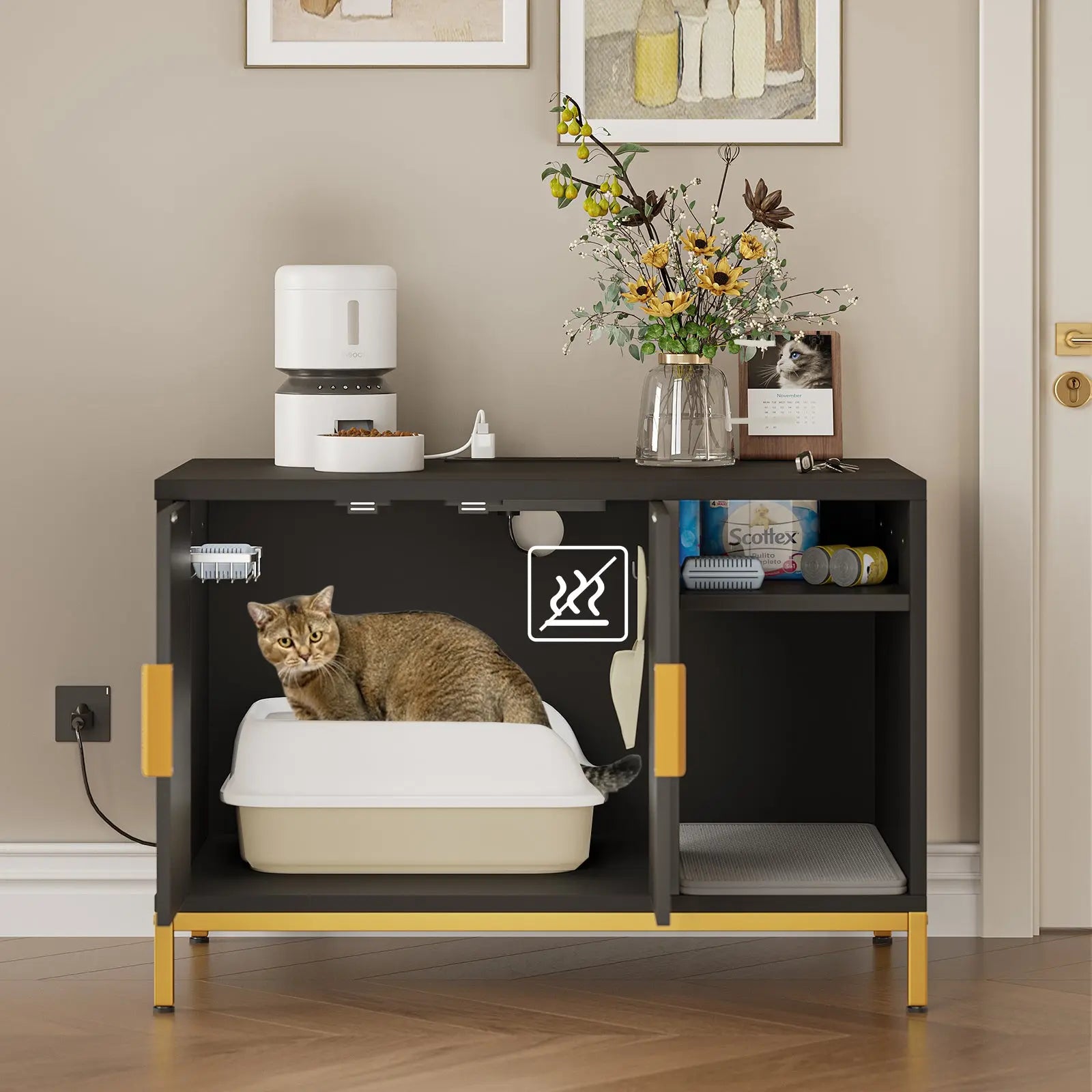 Cat Litter Box Enclosure, Glossy Fluted Hidden Litter Box Cabinet with Power Outlets, Cat Washroom Furniture with Double Layer Litter Mat Bestier