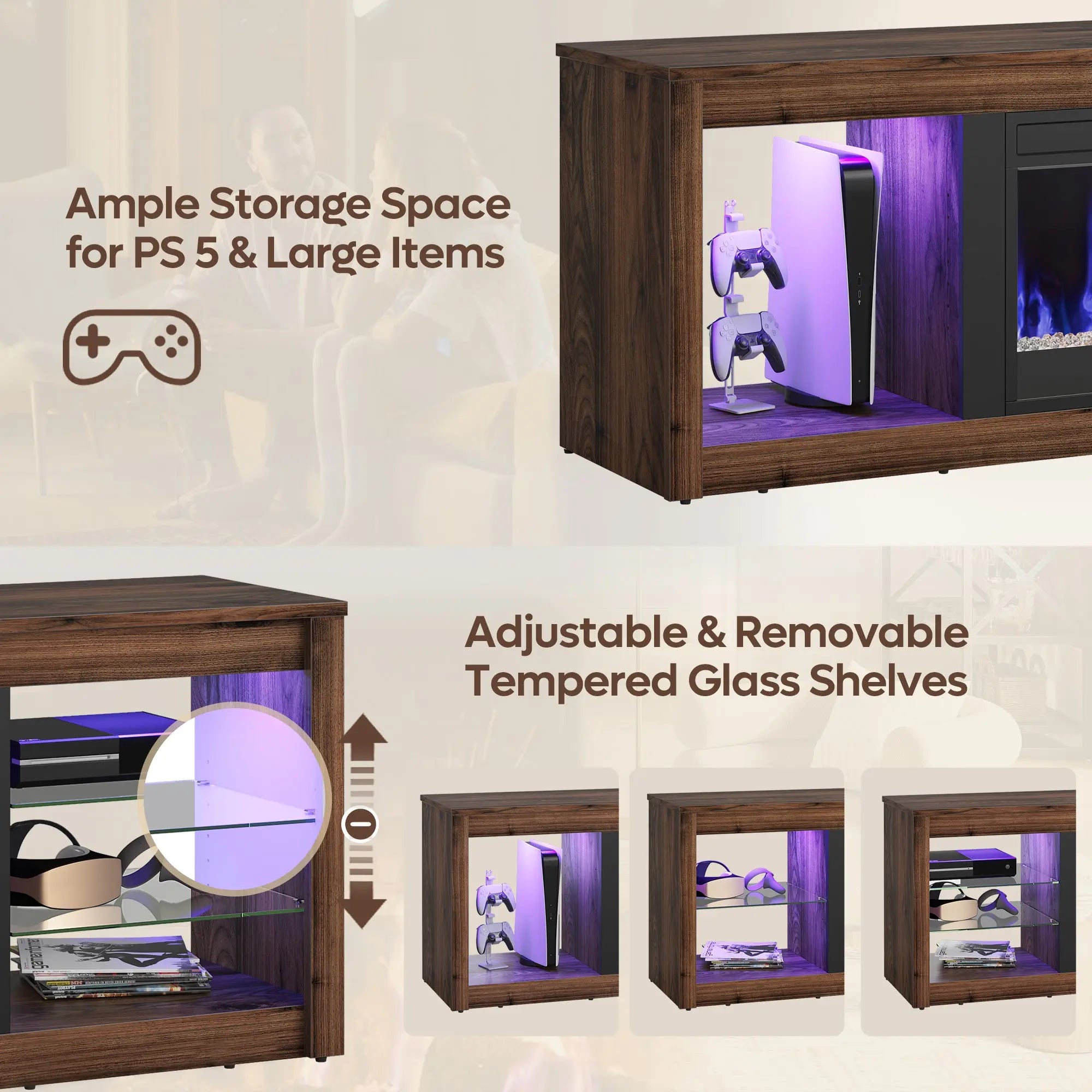 Bestier Modern Electric Fireplace TV Stand for TVs up to 55", with LED and Glass Shelves, Walnut Bestier