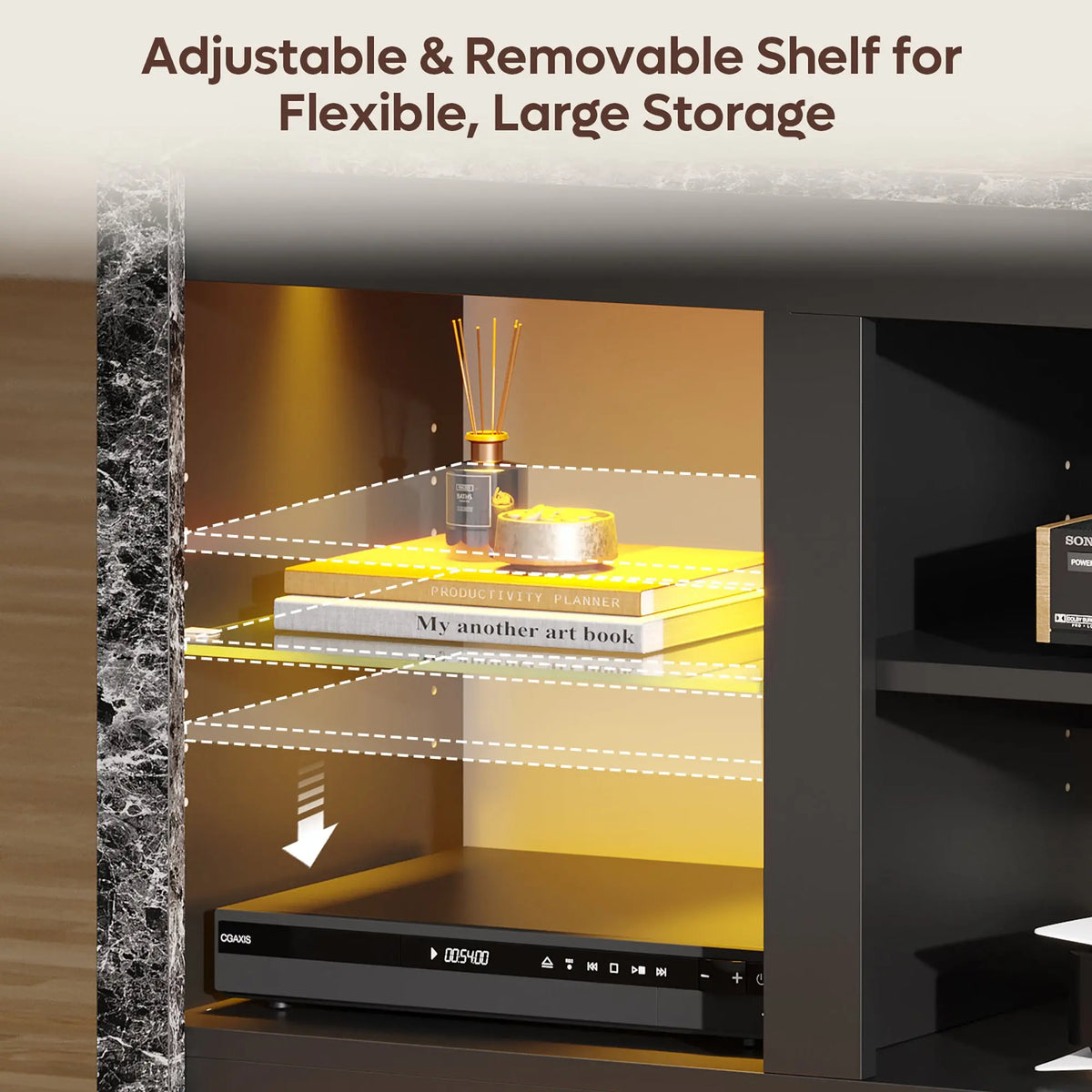 Bestier black marble TV stand interior featuring adjustable storage shelves with books and media player.