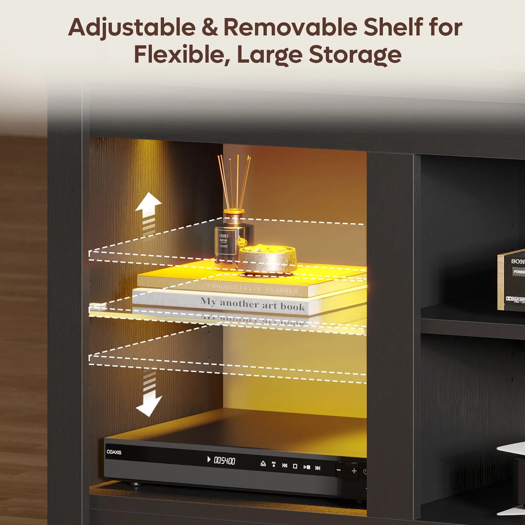 Bestier black TV stand: adjustable & removable shelves for flexible, large storage.