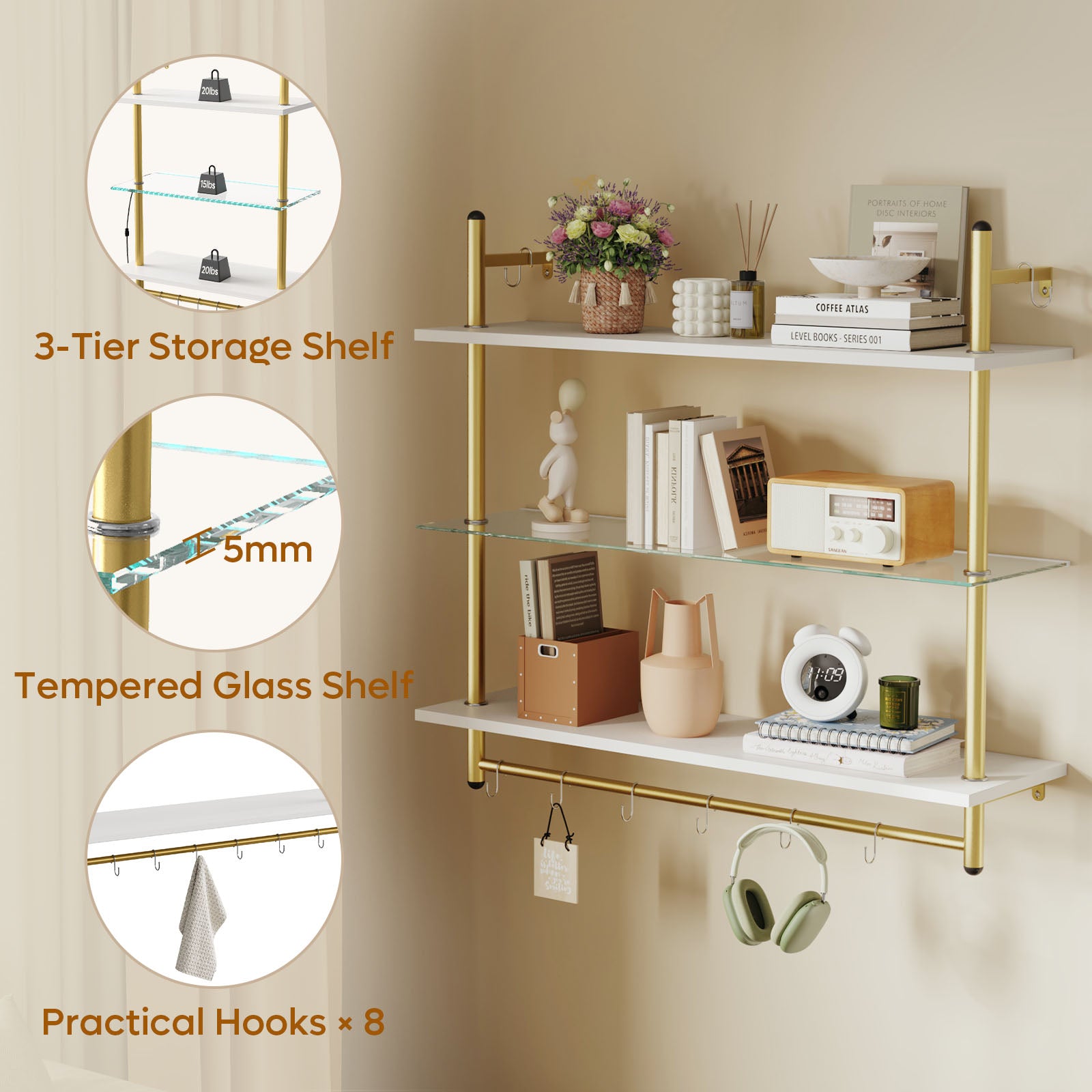 Bestier 41" Floating Shelves with LED Light, 3-Tier Wall-Mounted Wood Shelves with 8 S-Hooks, White Finish & Gold Frame