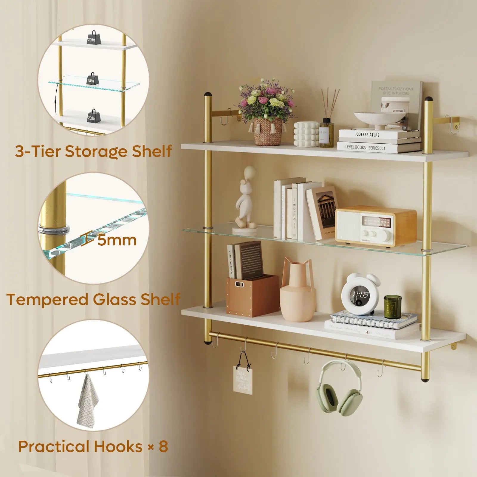 Bestier 3-tier floating wall shelves, white finish, gold frame, glass middle shelf, 8 hooks