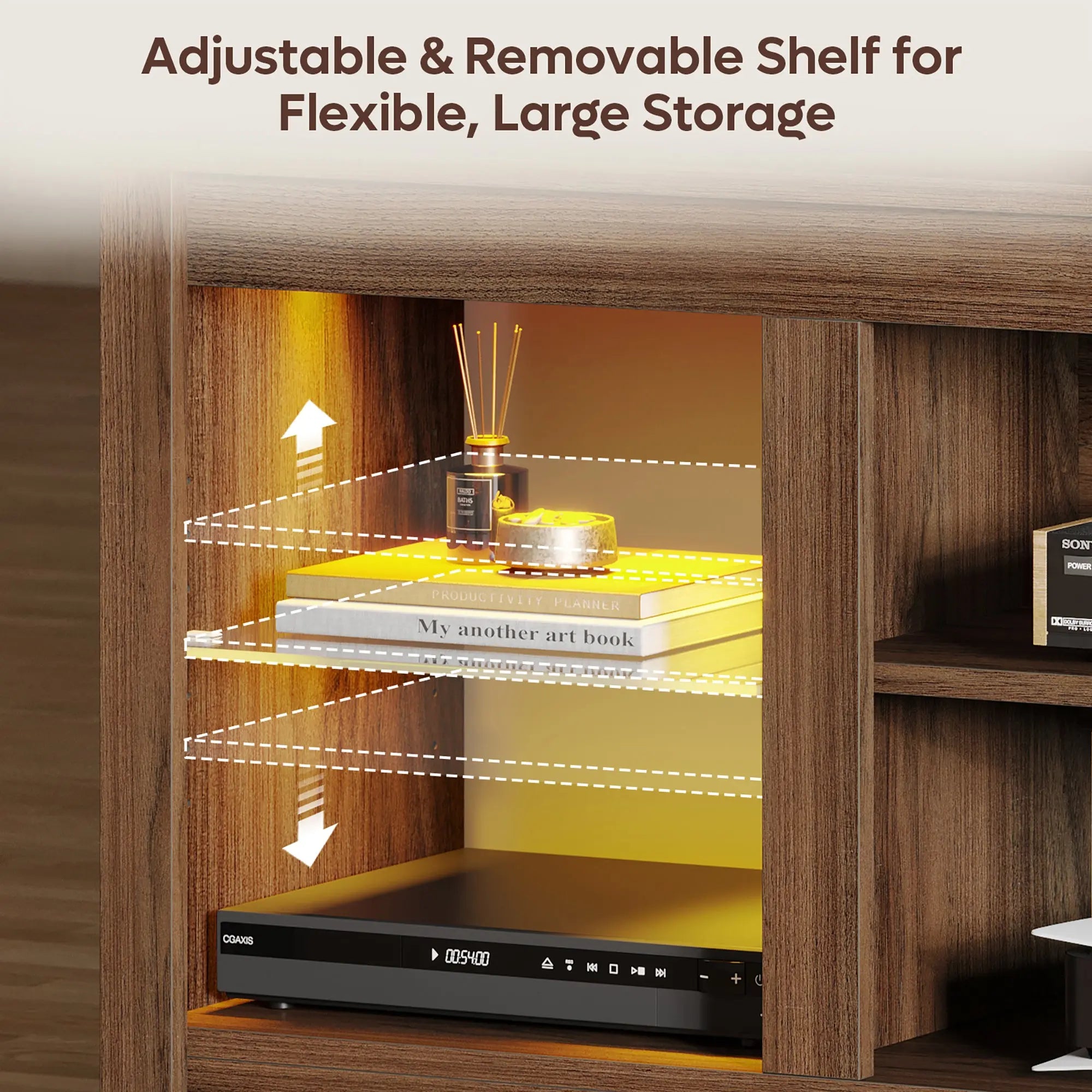 Bestier walnut TV stand interior featuring adjustable, removable shelves for flexible storage.