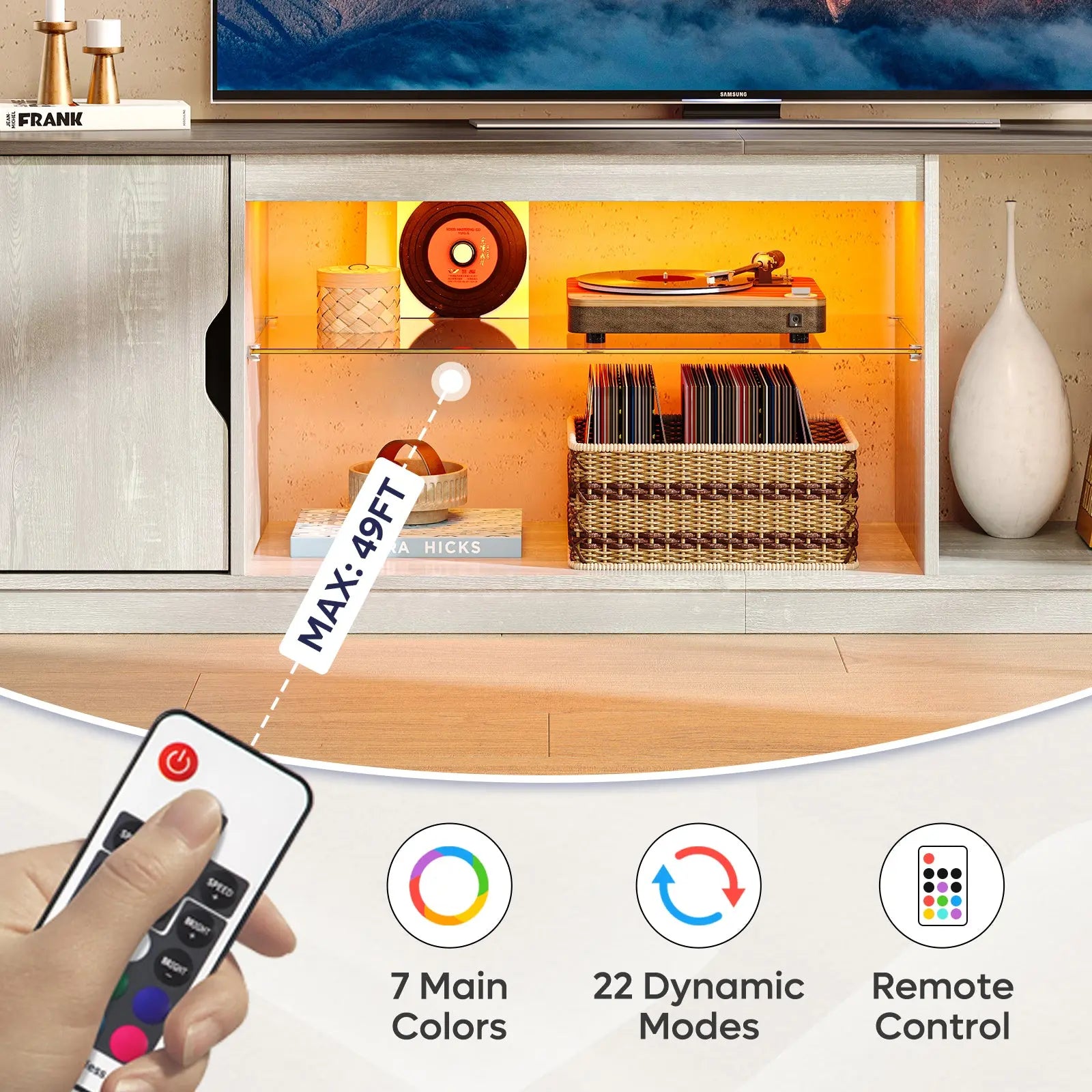 Bestier TV stand with RGB LED lighting, storage shelves, and remote control.