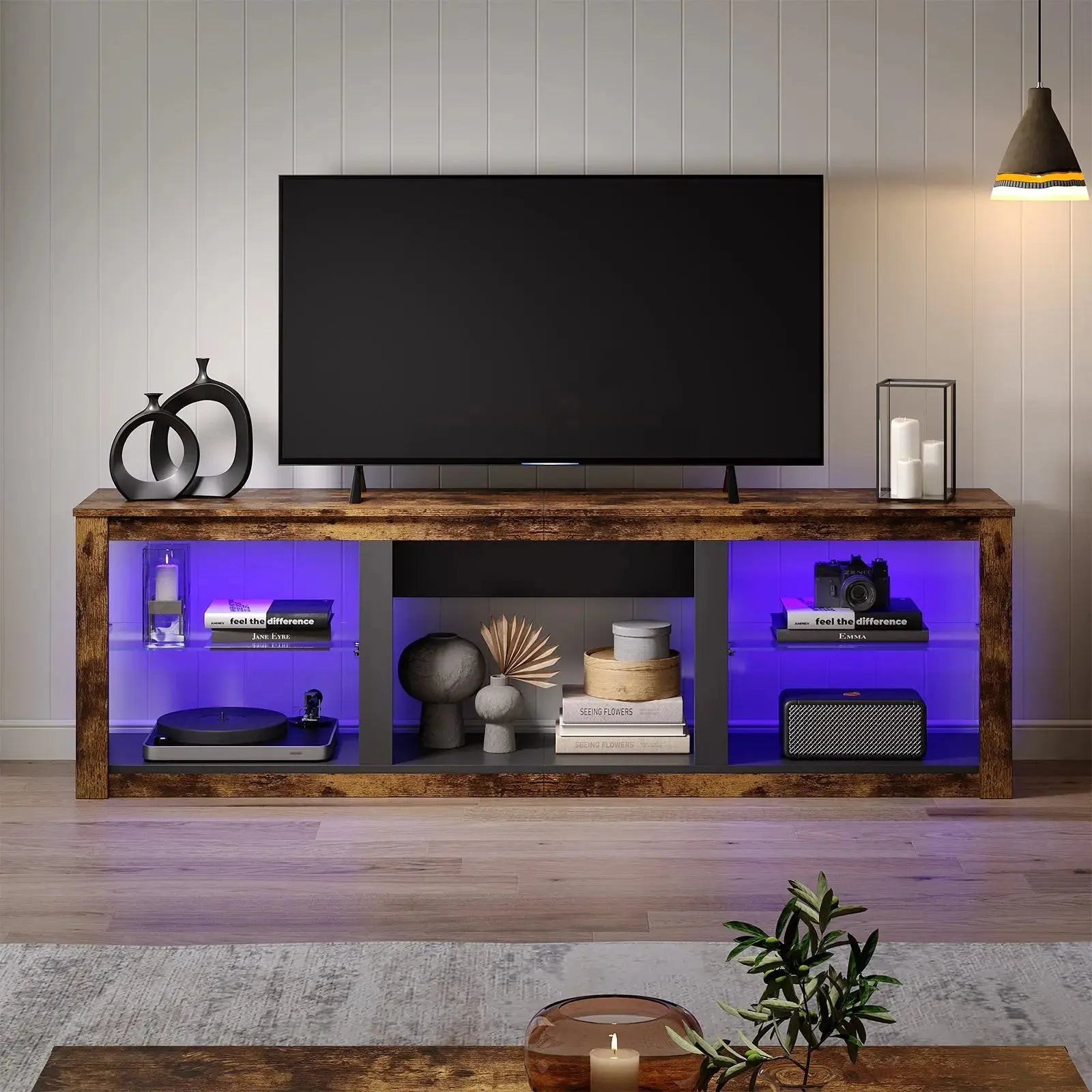 Bestier 70 Inch Fireplace TV Stand for TV up to 75", LED Entertainment Center with 23" Electric Fireplace Media Console Table for Living Room with Glass Shelves Bestier