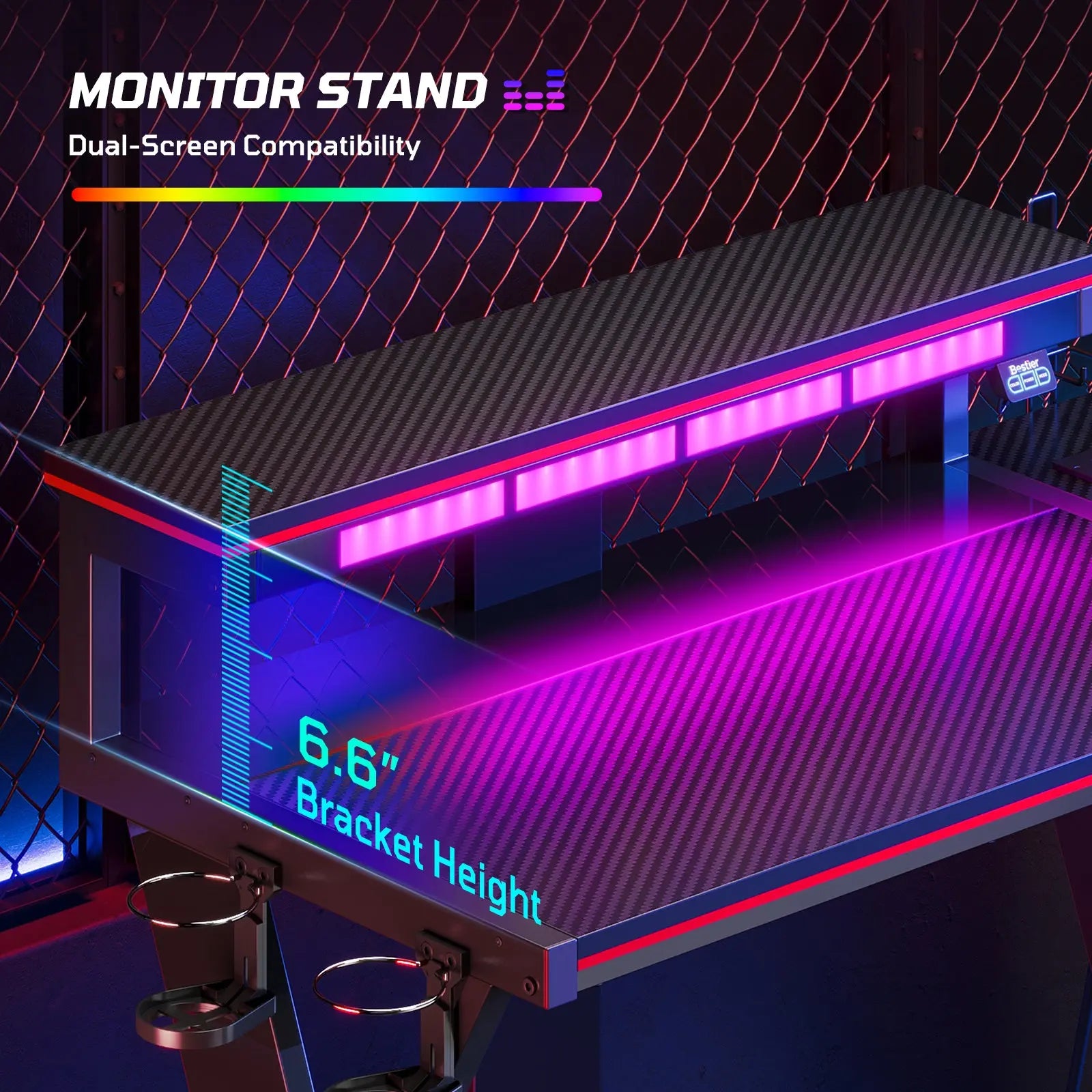 Bestier 42-inch L-shaped Gaming Desk with RGB Music Sync Lights, 3 AC Outlets & Dual Cup Holders Bestier