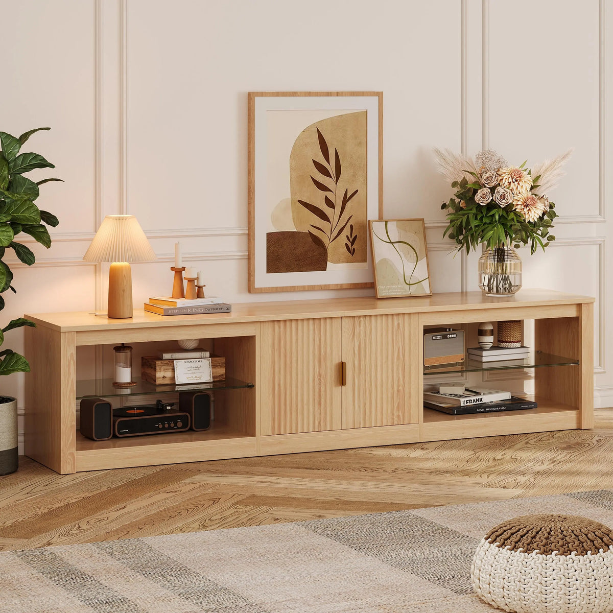 BESTIER Modern Elegant RGB LED Freestanding TV Console Cabinet - Television Stands, TV Floor Stand, Living Room Use, 80 Inches, Supports 85", Wall Bracket, Adjustable Glass Shelves, Storage Cabinets, Assembly Required Indoor Furniture Bestier