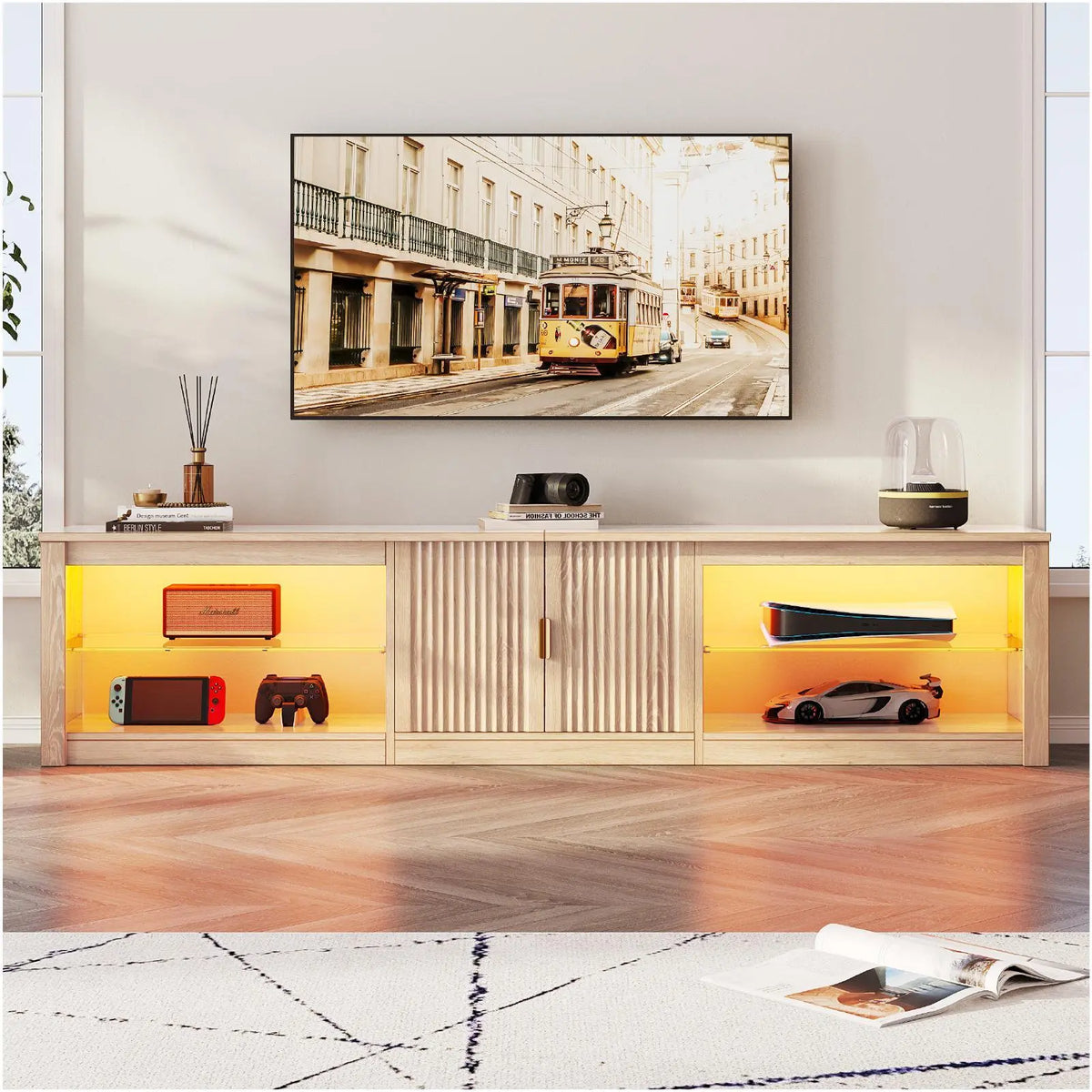 BESTIER Modern Elegant RGB LED Freestanding TV Console Cabinet - Television Stands, TV Floor Stand, Living Room Use, 80 Inches, Supports 85", Wall Bracket, Adjustable Glass Shelves, Storage Cabinets, Assembly Required Indoor Furniture Bestier