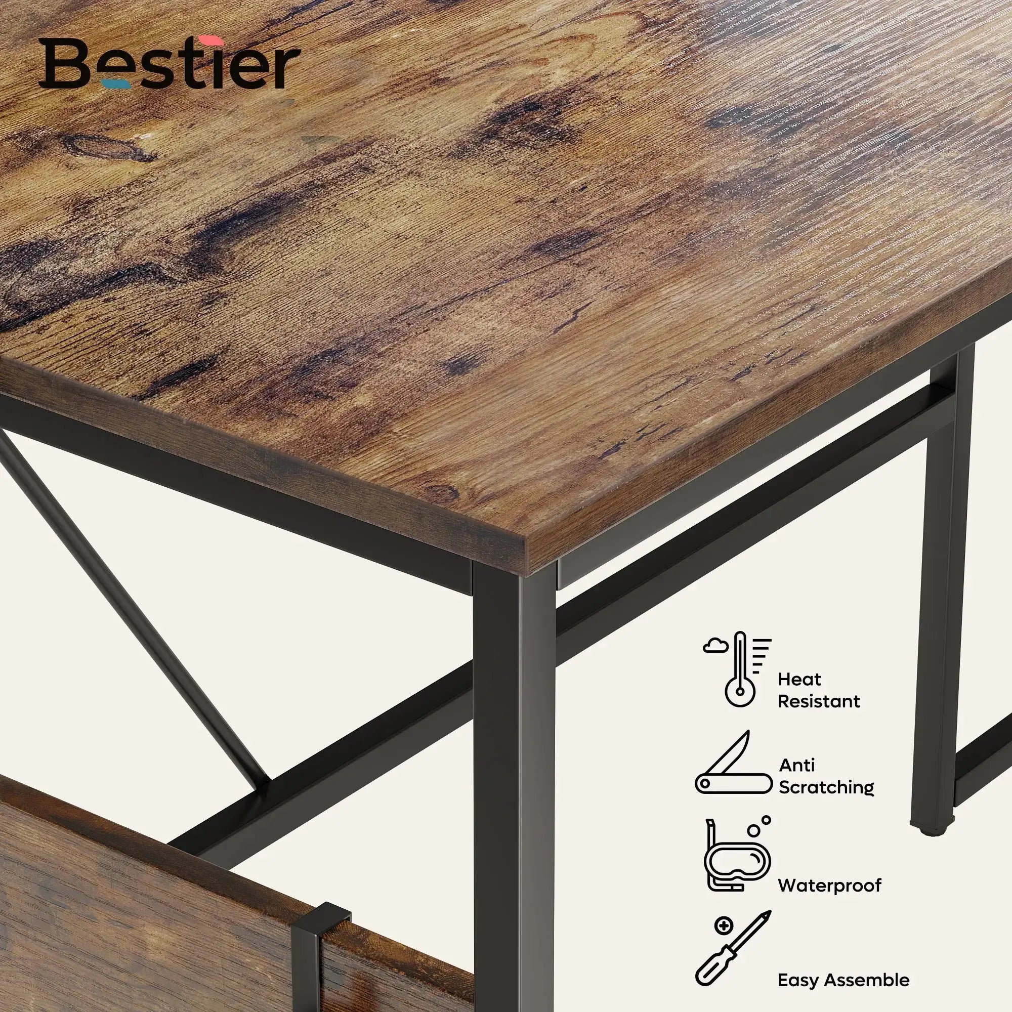 Bestier wood finish desk features heat resistant, anti-scratching, waterproof icons.