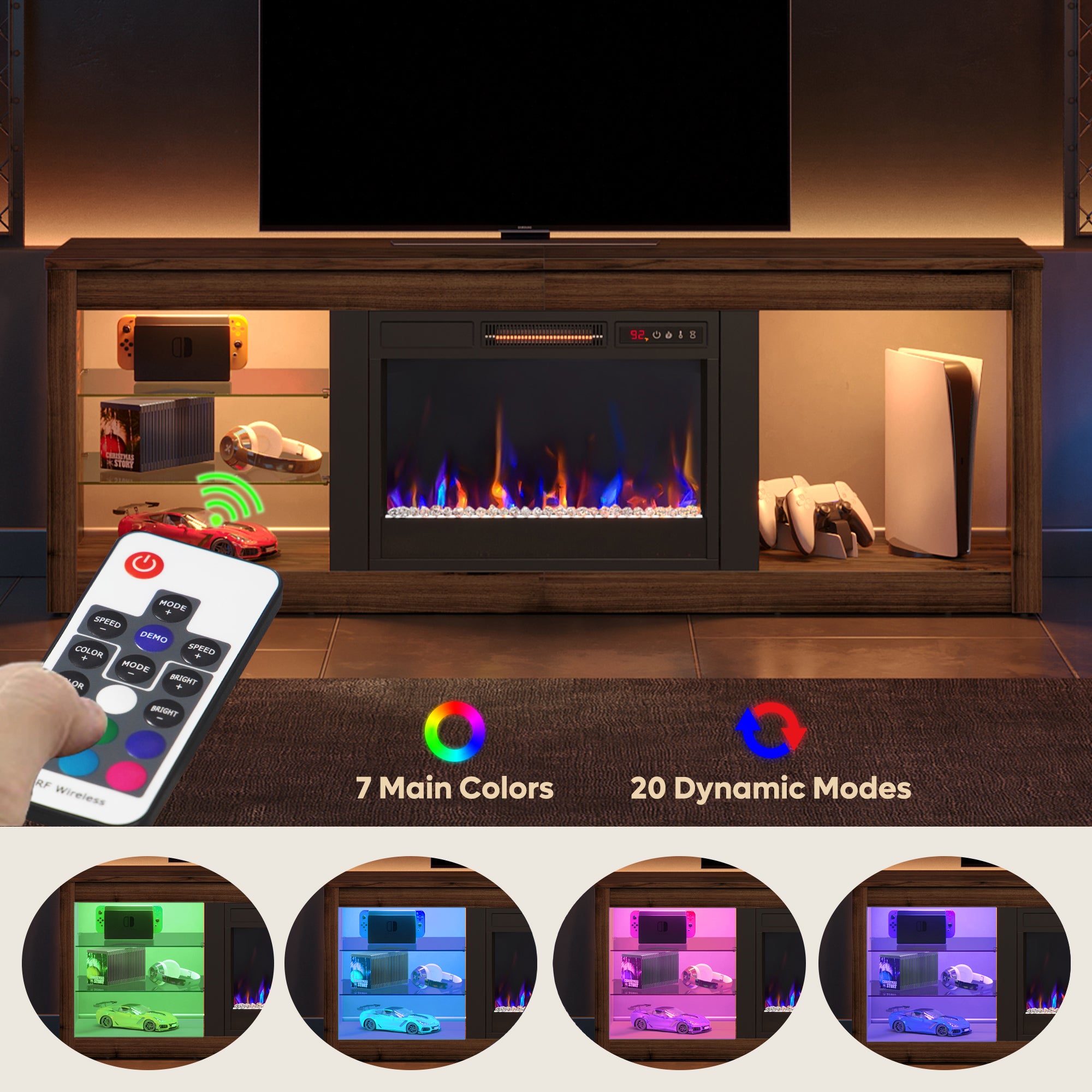 Bestier Modern Electric Fireplace TV Stand for TVs up to 55", with LED and Glass Shelves, Walnut