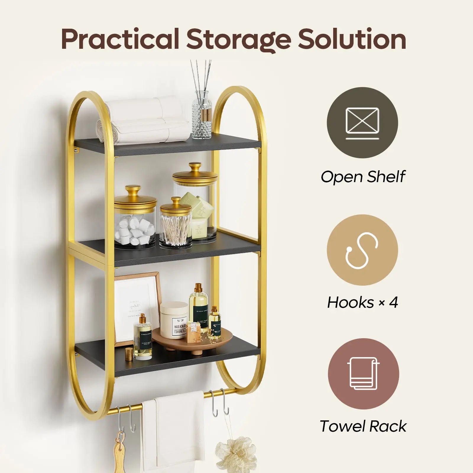 3-Tier Floating Wall Shelves with Towel Bar & Hooks - Versatile Home Storage Bestier