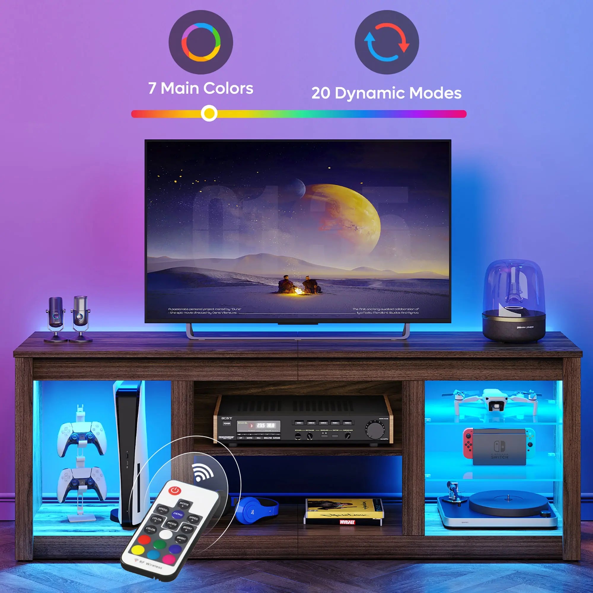 Bestier walnut LED TV stand with storage, 7 colors & 20 dynamic modes LED lighting.
