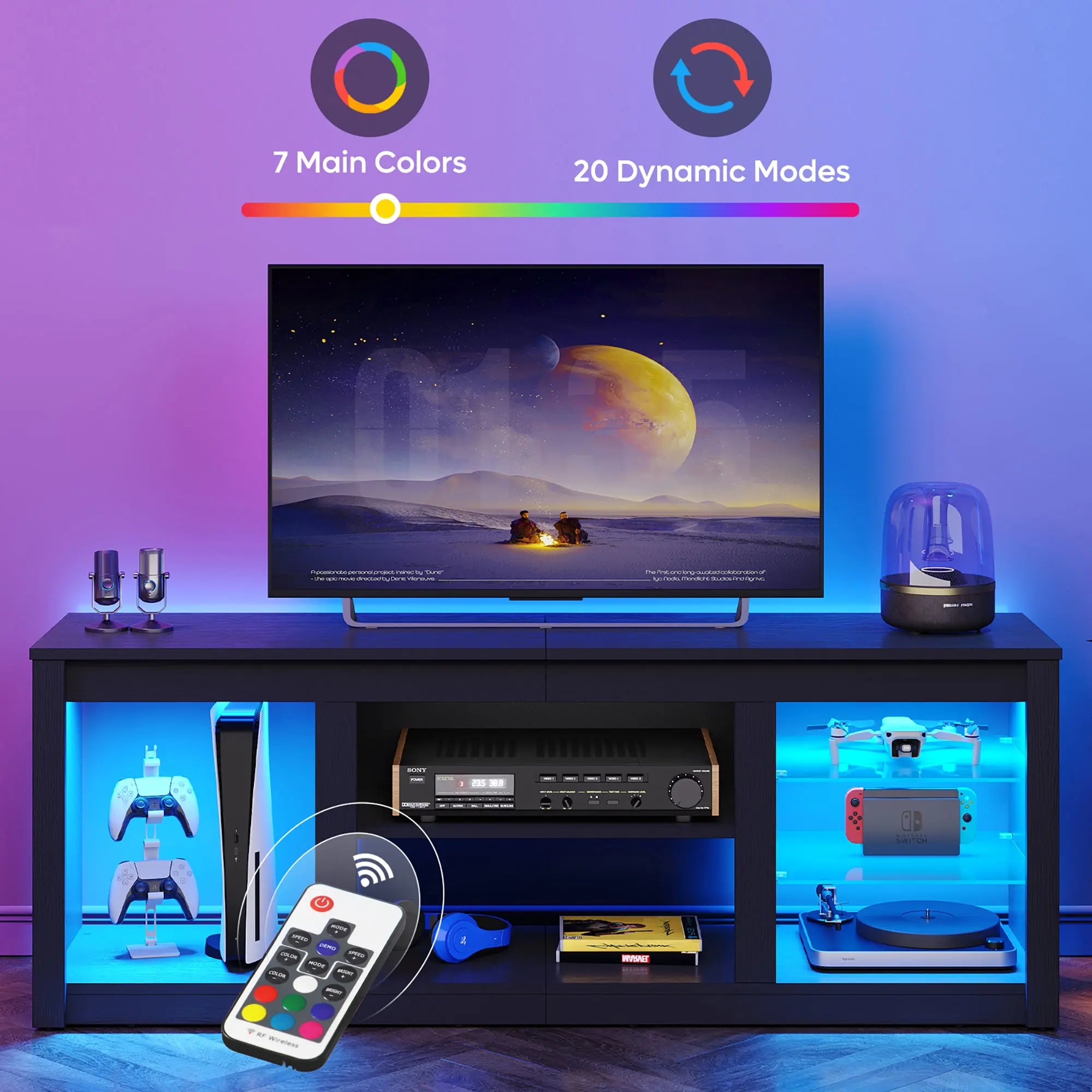 Black Bestier LED TV stand with storage shelves and dynamic LED lighting for entertainment setup.