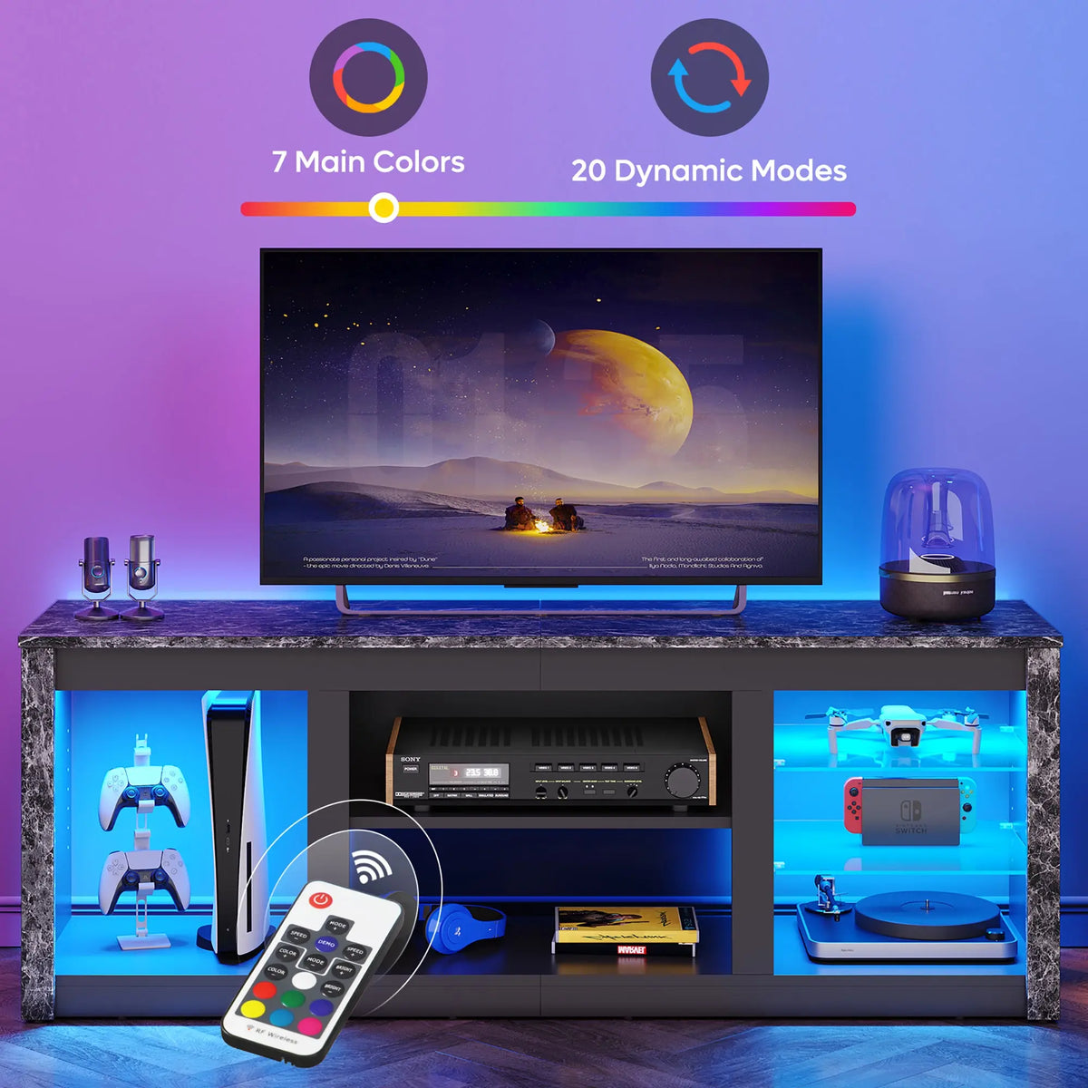 Bestier black marble TV stand with LED lighting, PS5, Switch, and storage.
