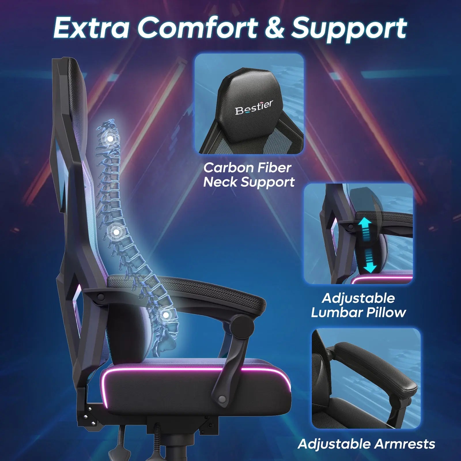 Bestier breathable LED gaming chair: carbon fiber neck support, adjustable lumbar pillow & armrests.