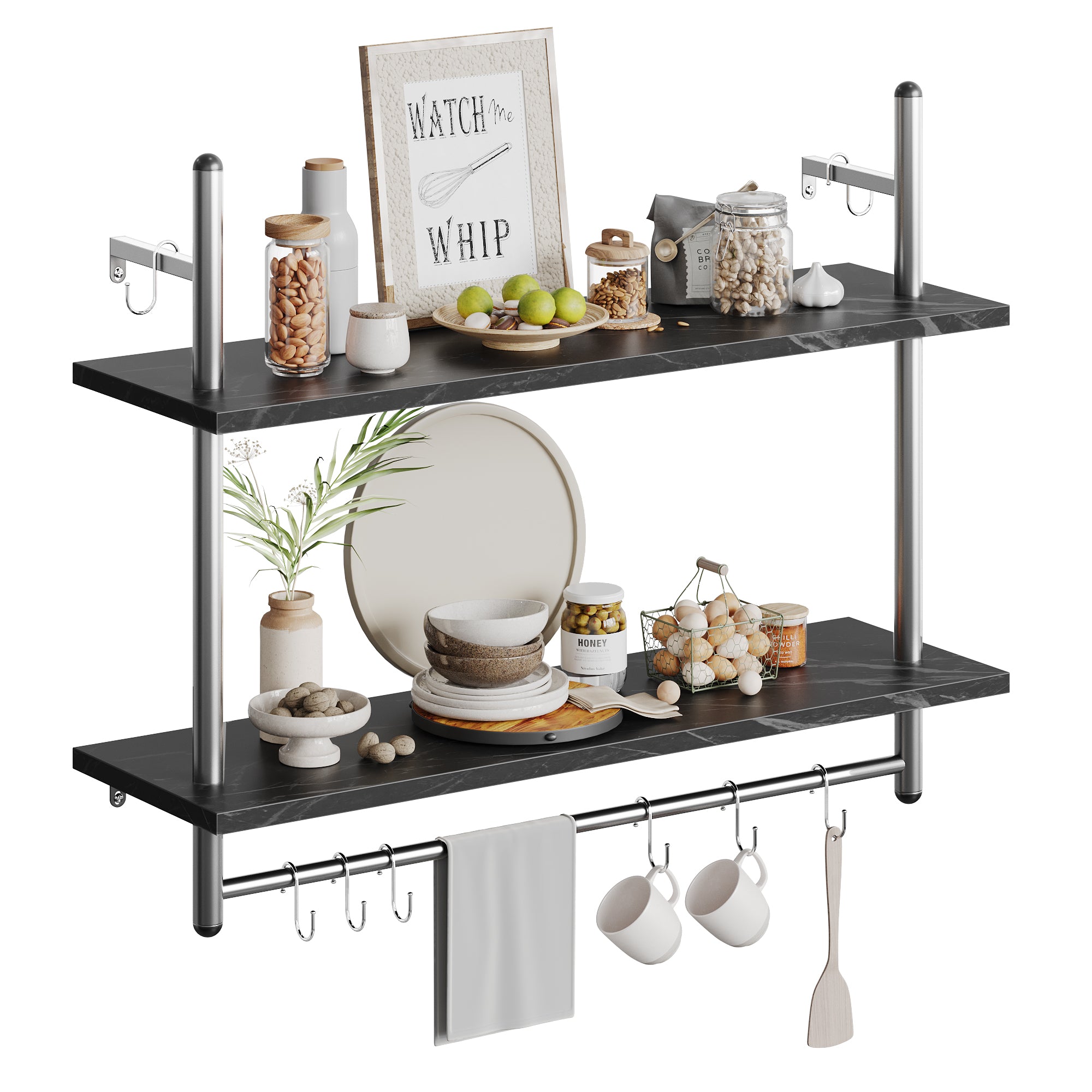 Bestier Industrial 2-Tier Wall-Mounted Bookshelf Plant Stand Shelf Baker's Racks with 8 S-Hooks