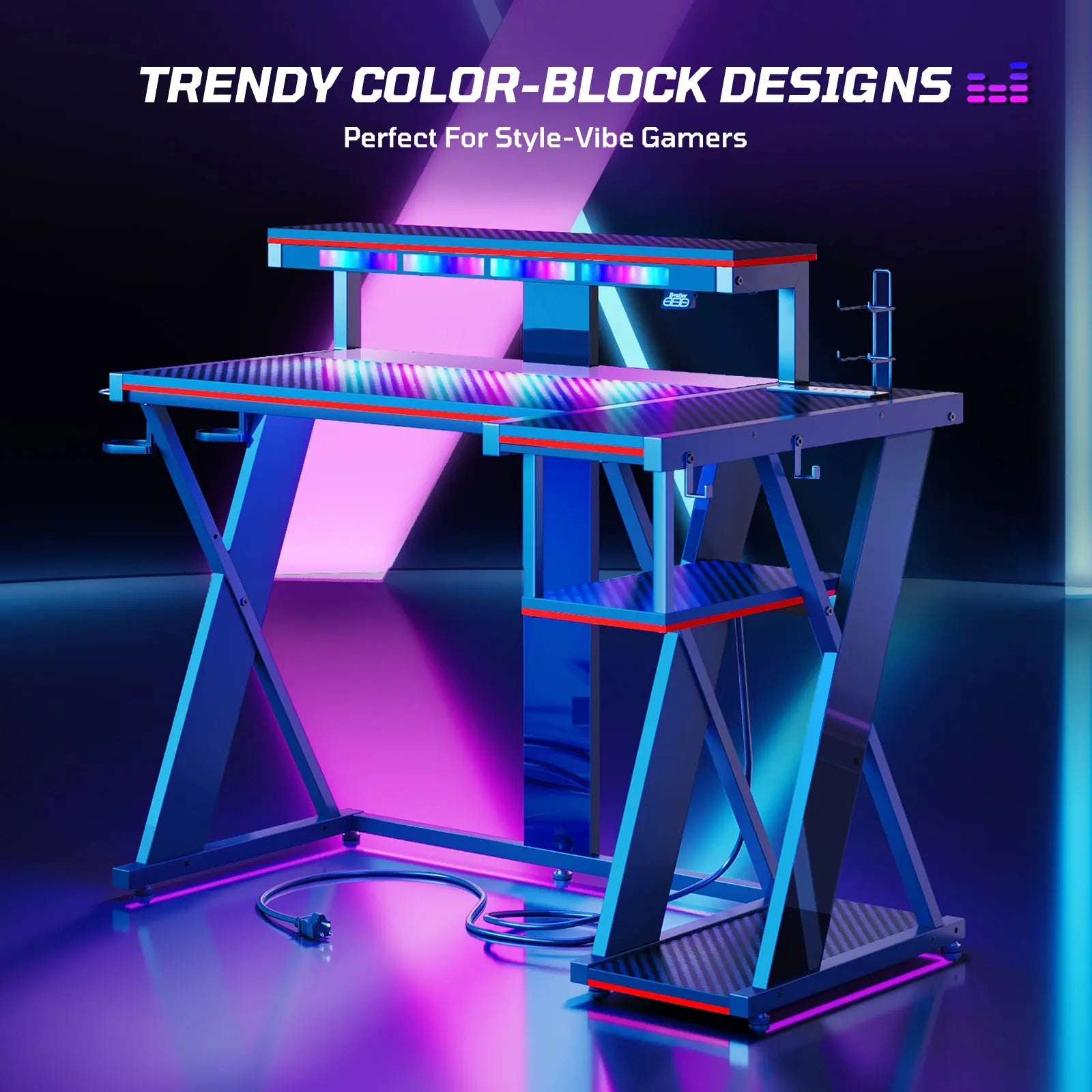 Bestier 42-inch L-shaped Gaming Desk with RGB Music Sync Lights, 3 AC Outlets & Dual Cup Holders Bestier