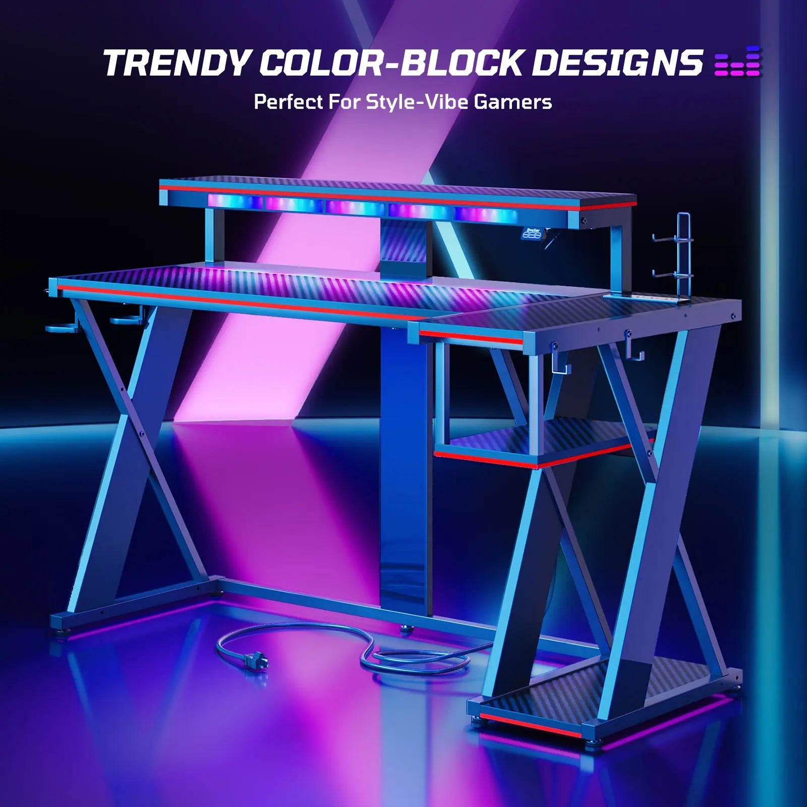 57-inch L-shaped Gaming Desk with RGB Music Sync Lights, 3 AC Outlets & Dual Cup Holders, Black Bestier