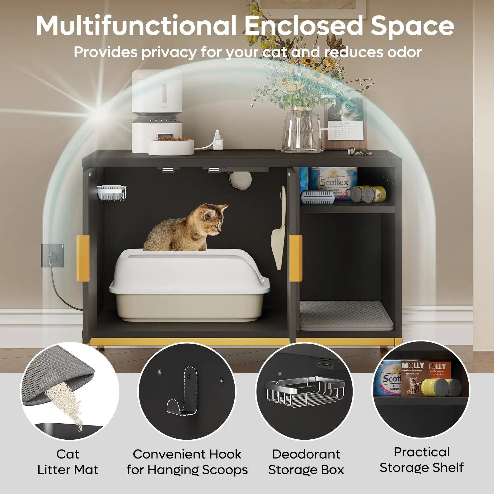 Cat Litter Box Enclosure, Glossy Fluted Hidden Litter Box Cabinet with Power Outlets, Cat Washroom Furniture with Double Layer Litter Mat Bestier