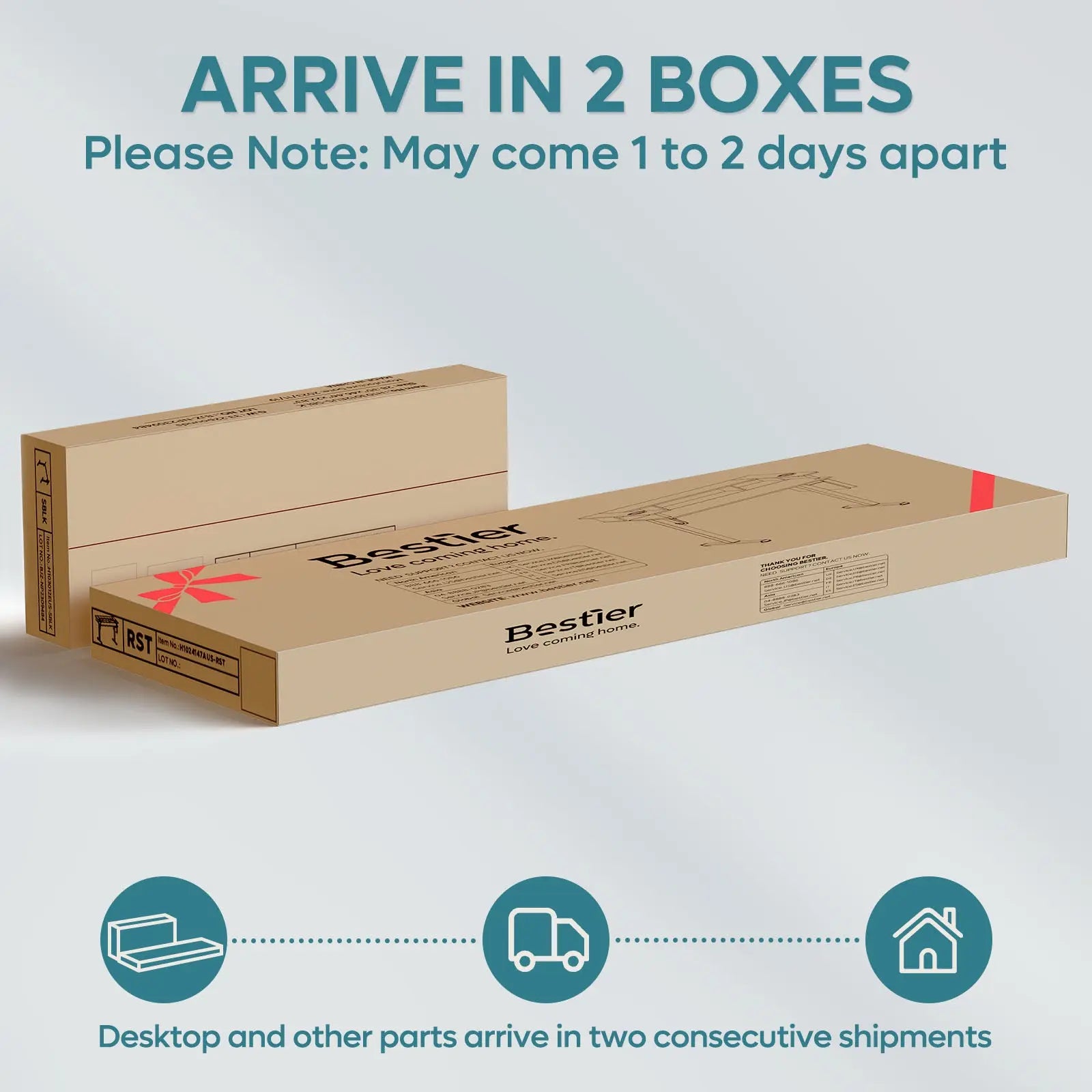 Bestier electric standing desk arrives in 2 boxes, shipping note included.