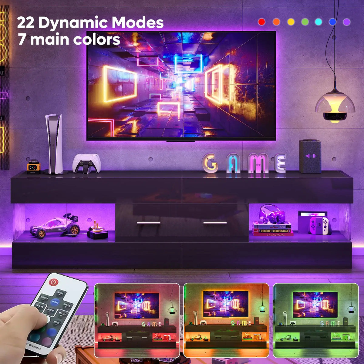 Bestier 60" High Gloss RGB LED TV Stand - Engineered Wood Minimalist Modern Media Console, Pull-Out Storage Drawer, Ripple Texture Acrylic Side Panels, Supports 65" TV, Man Cave Furniture Bestier