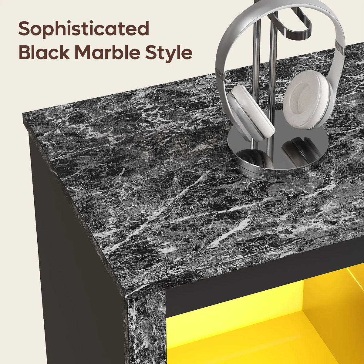 Bestier black marble entertainment center top with yellow LED lighting.