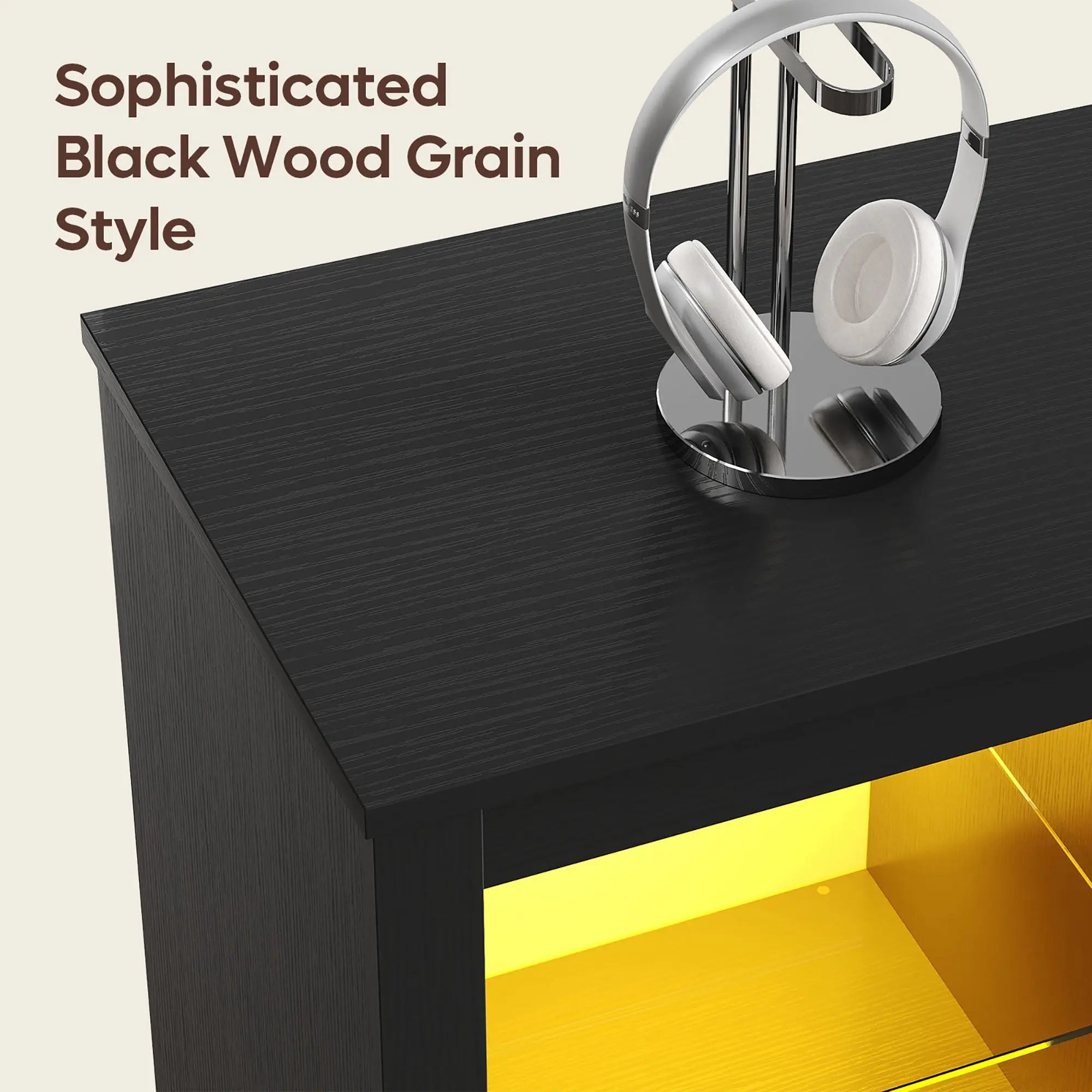 Sophisticated black wood grain style Bestier TV stand with LED lighting.