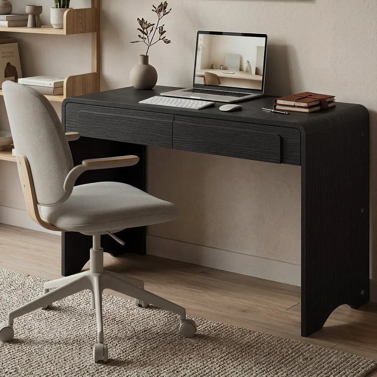 Bestier 47-Inch Wood Home Office Desk with 2 Drawers, Curved Handles, Waterfall Rounded Edges, Modern Black Writing Desk for Bedroom Study, Desk For Home Office Bestier
