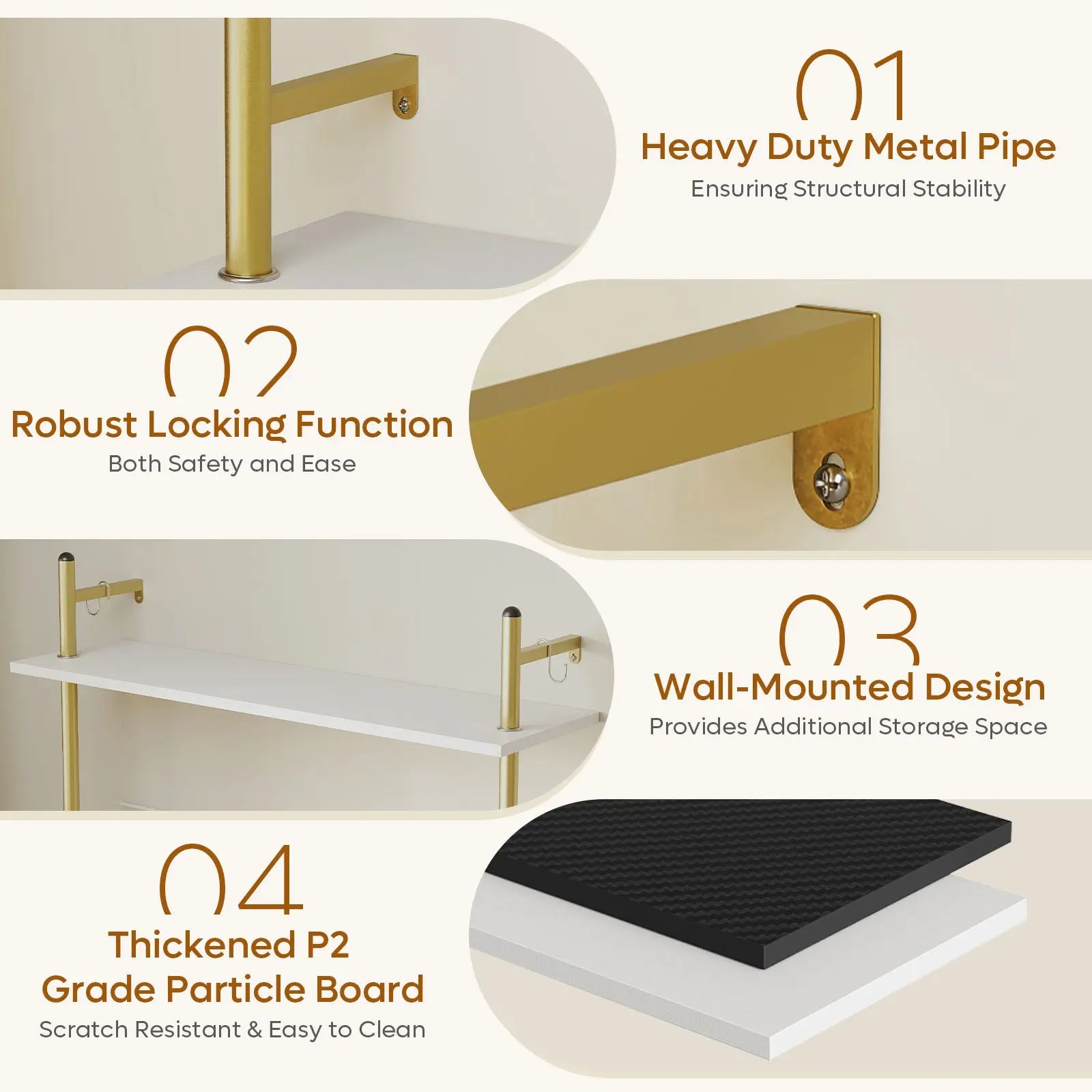 Bestier 3-tier white floating shelves with gold frame, metal pipe, and P2 particle board.