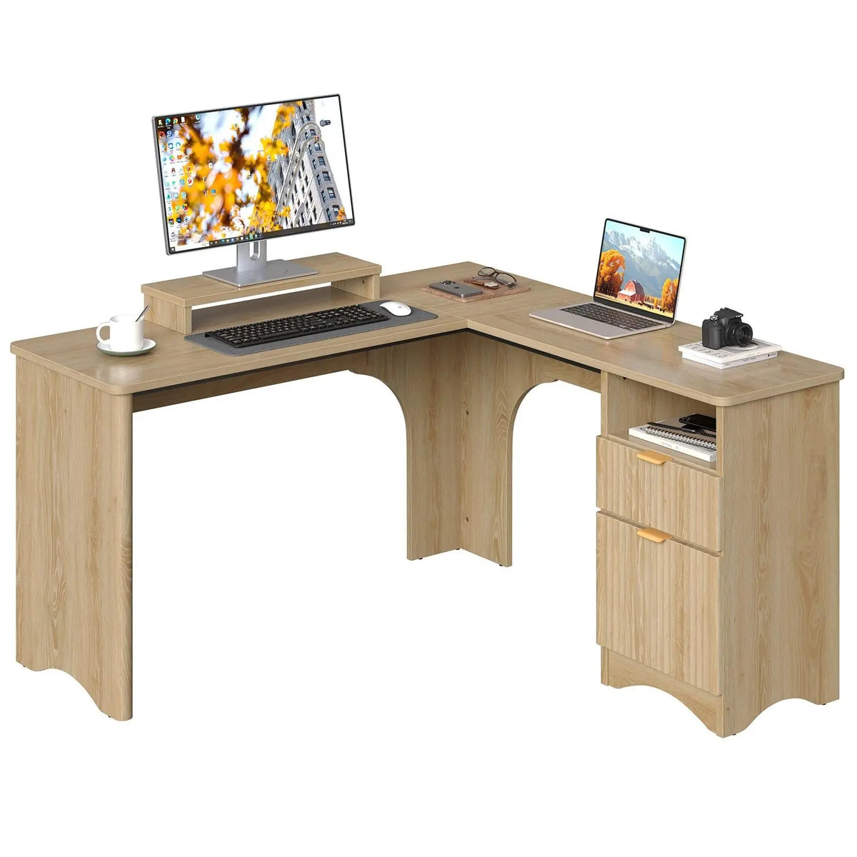 BESTIER Adjustable L-Shaped Ergonomic Gaming PC Desk - Office Furniture with Monitor Stand, A4 Drawer Fit, Open Shelf, Posture Support, Dual Monitor Compatibility, Sturdy Desks & Workstations, Assembly Required, Home Office Use Bestier