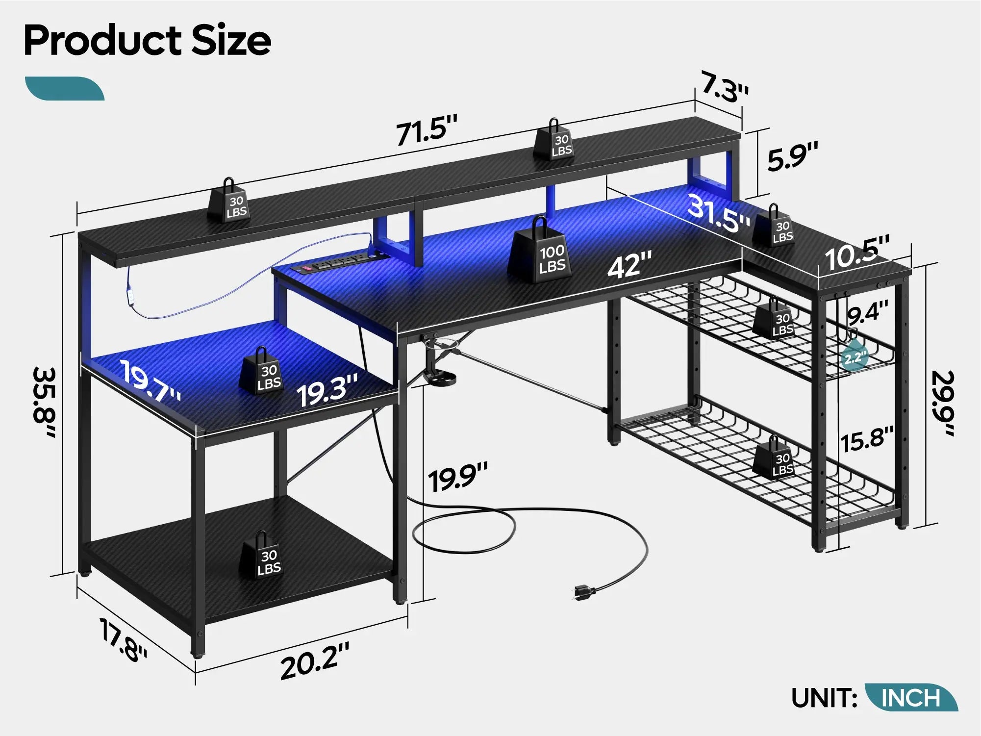 Gaming Desk with Power Outlet, 71.5 inch LED Computer Desk with Monitor Stand, L Shaped Large Desk with Metal Shelf, Cup Holder & Headset Hooks, Corner Desk for Bedroom 3D Carbon Fiber Bestier