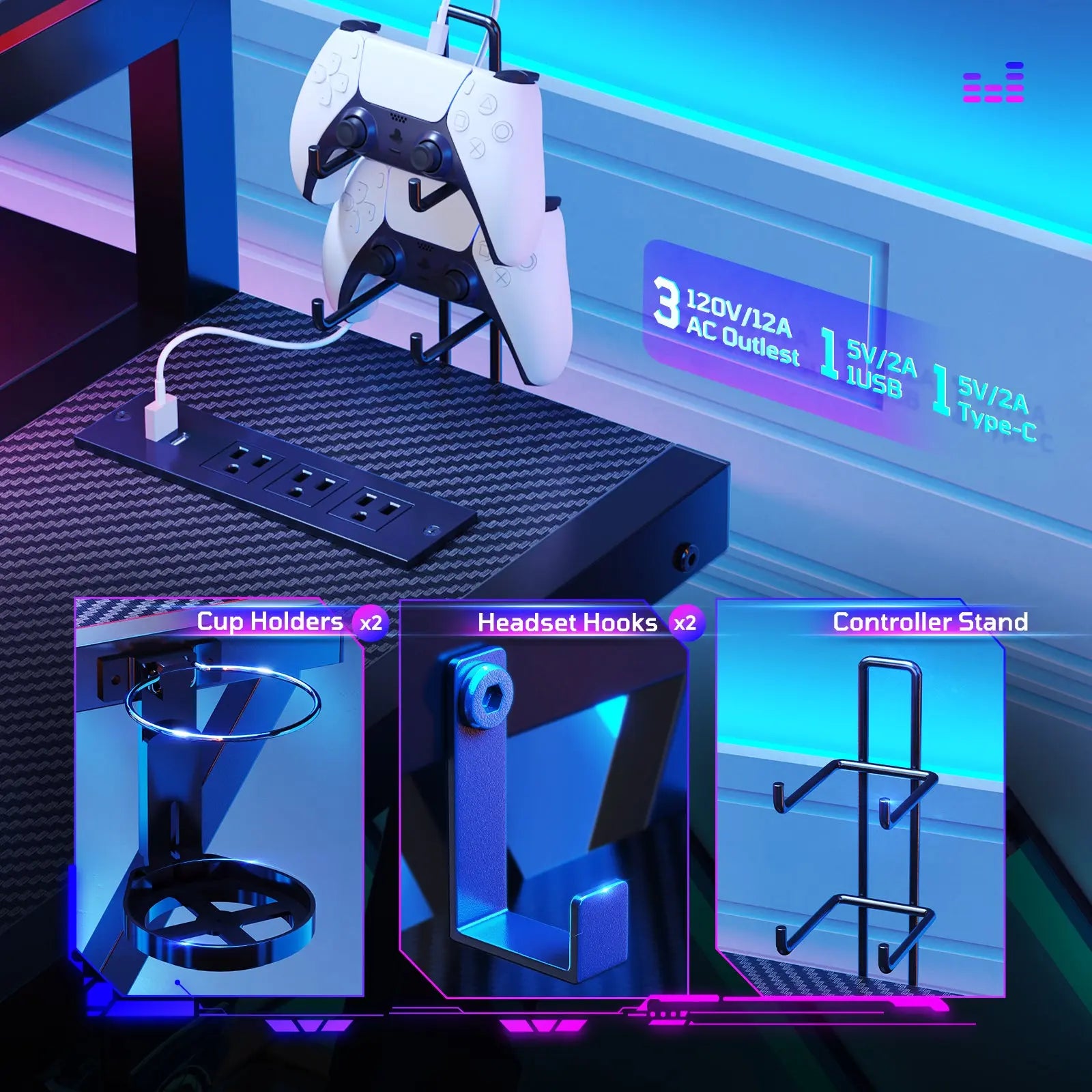 Bestier 42-inch L-shaped Gaming Desk with RGB Music Sync Lights, 3 AC Outlets & Dual Cup Holders Bestier