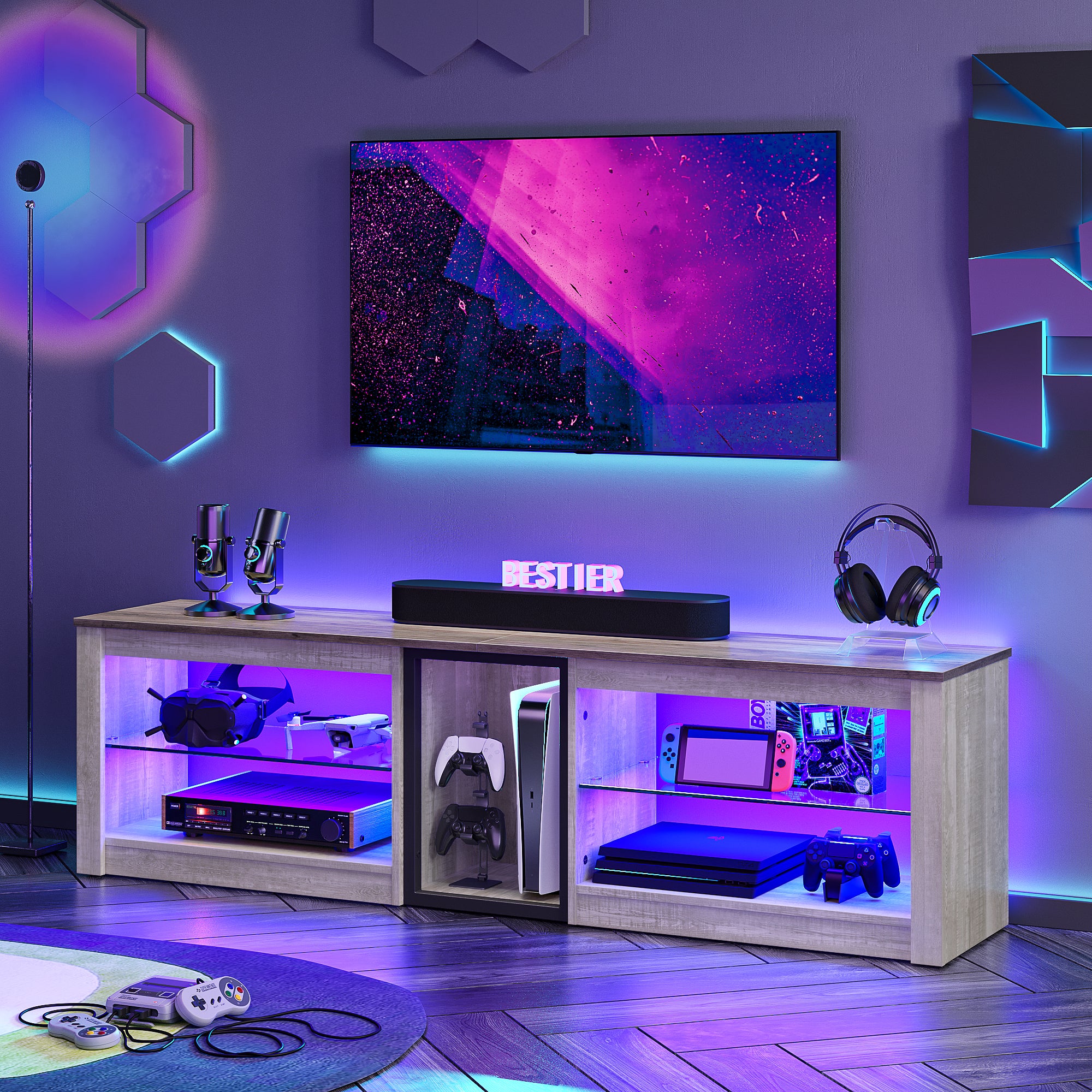 Bestier 63-inch TV Stand for 70 inch TV, Gaming Entertainment Center for PS5, LED TV Cabinet with Glass Shelves for Living Room