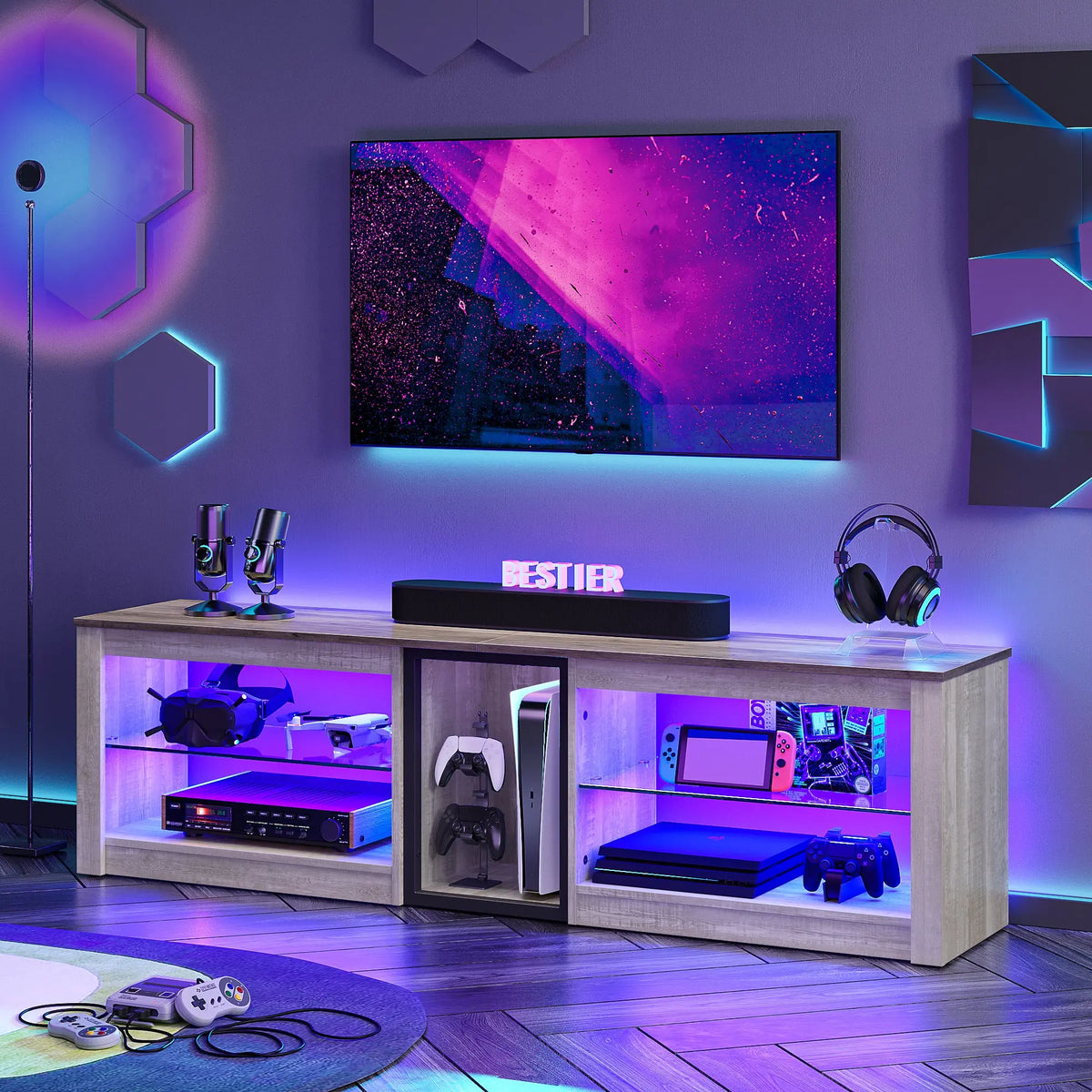 Bestier 63-inch gaming entertainment center with PS5, LED lights, and glass shelves.