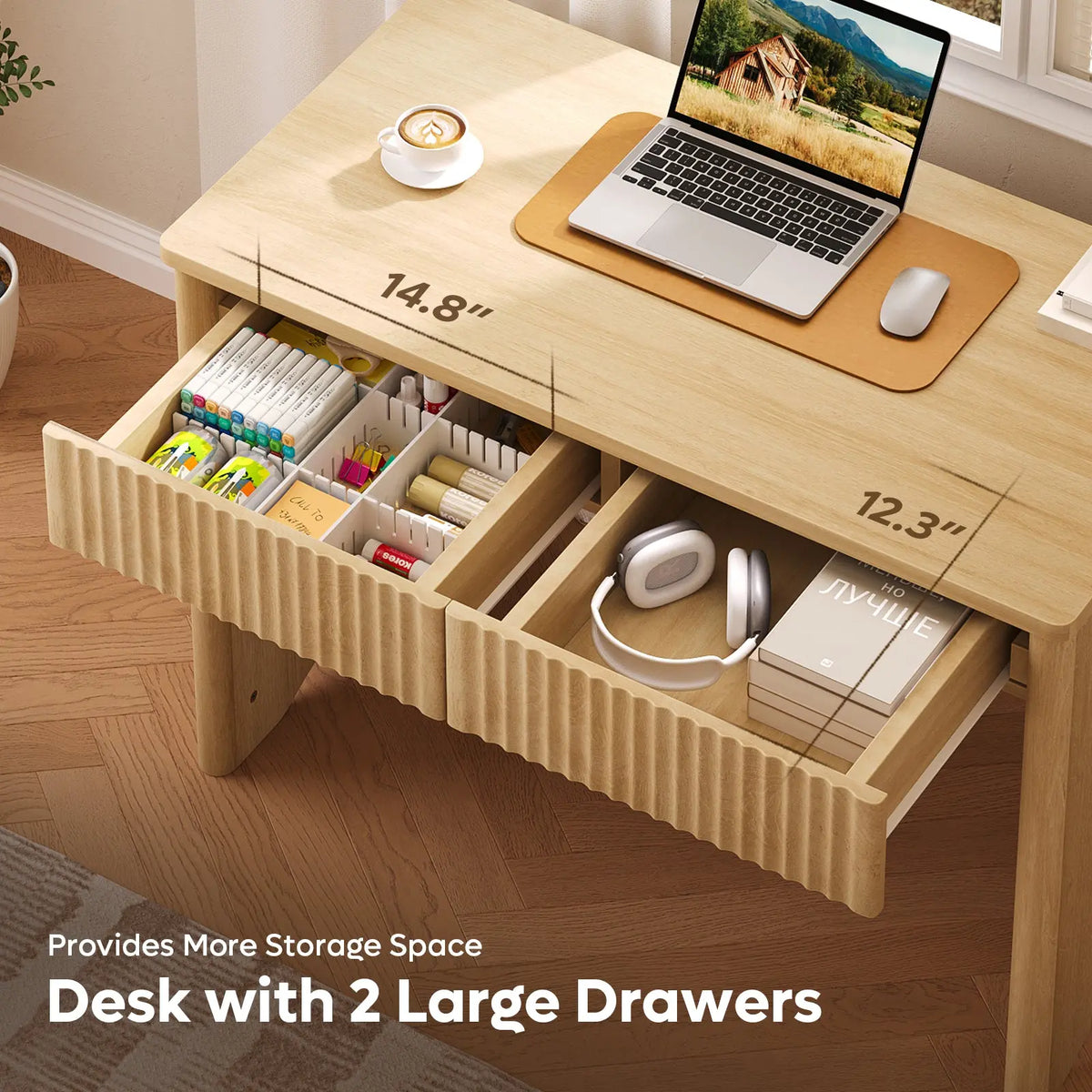Bestier 40 In Fluted Wood Office Desk - Commercial Furniture with 2 Silent Drawers, Light Wood Finish Bestier