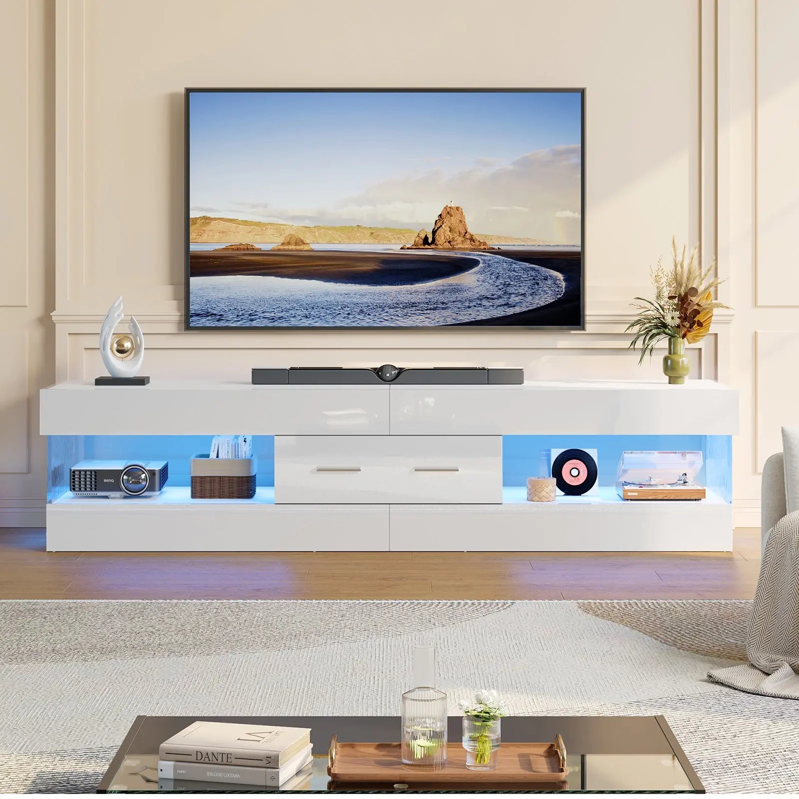TV Stand for TVs up to 75" Modern Entertainment Center with LED Light High Gloss TV Console Table Storage Drawers Bestier