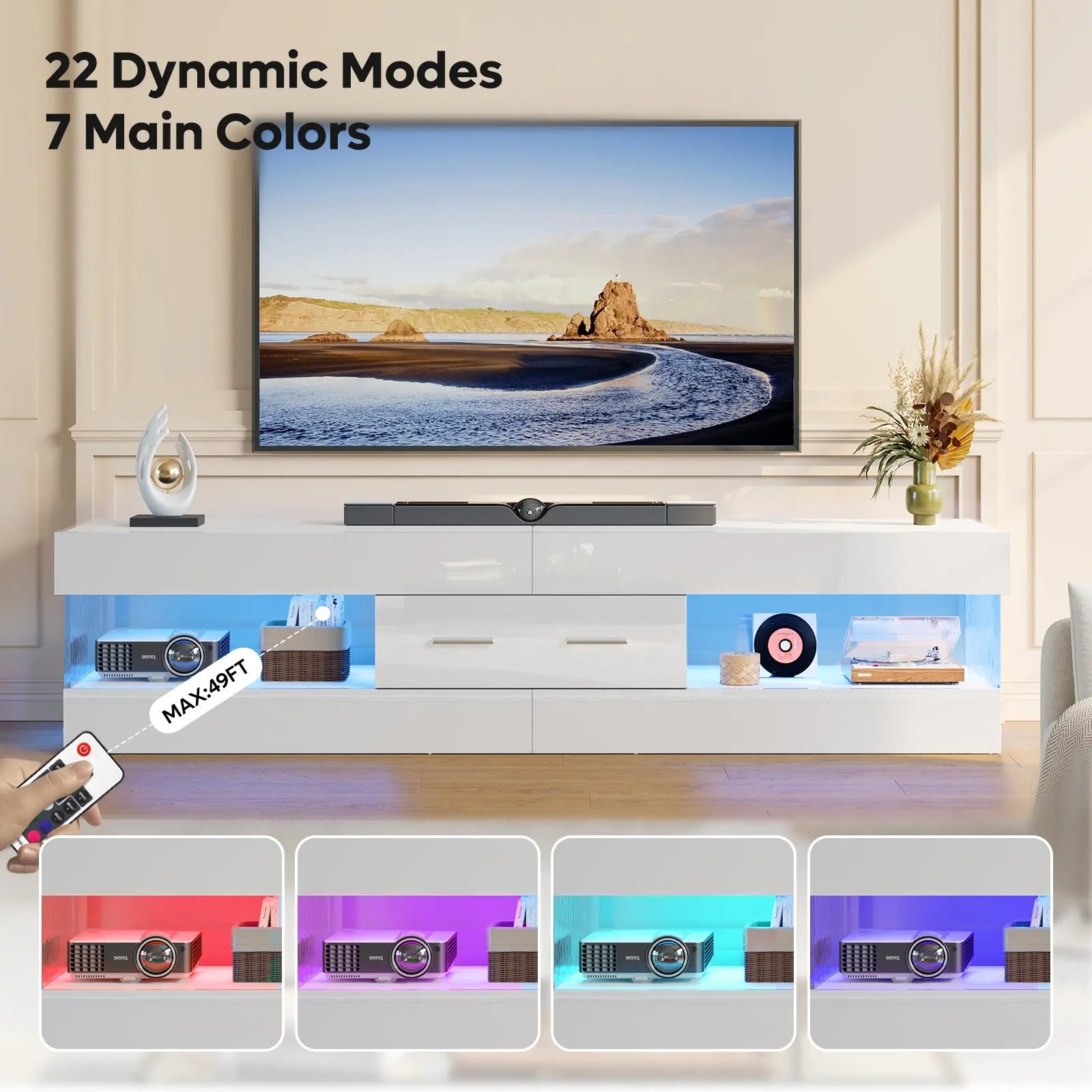 TV Stand for TVs up to 75" Modern Entertainment Center with LED Light High Gloss TV Console Table Storage Drawers Bestier