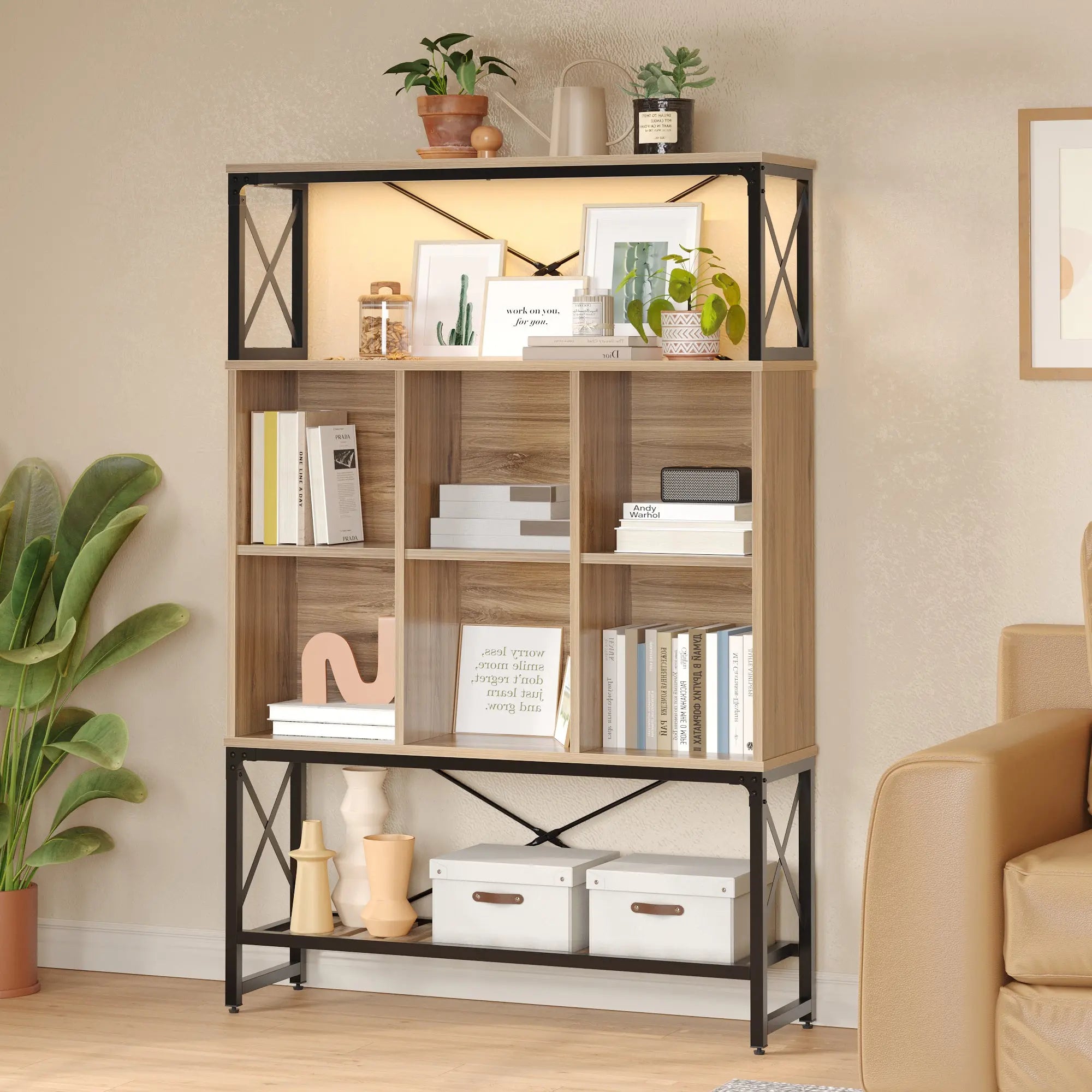 Bookcase with 6 Cubes, Adjustable Shelves, RGB Lights & X-Frame - Farmhouse Style Bestier
