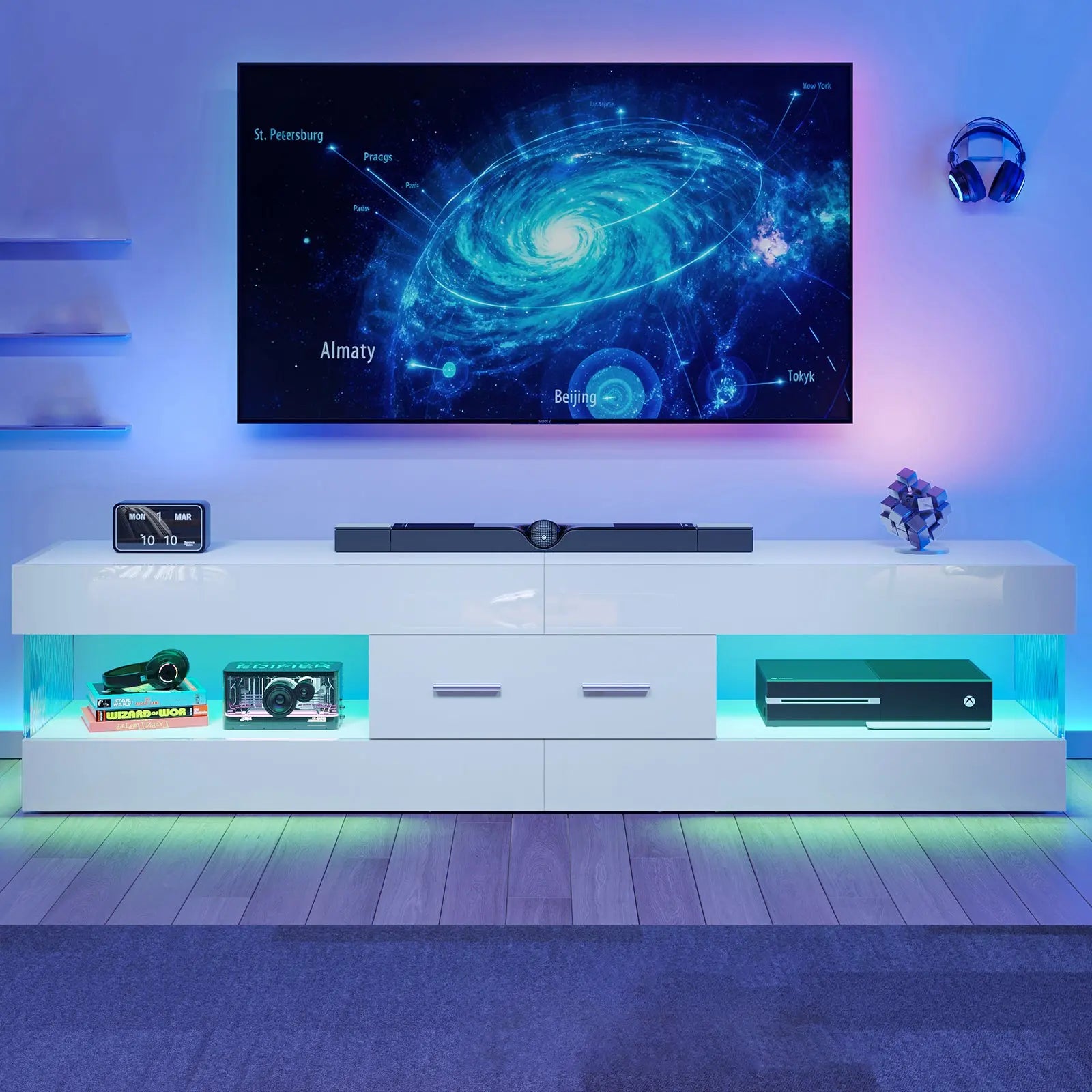 TV Stand for TVs up to 75" Modern Entertainment Center with LED Light High Gloss TV Console Table Storage Drawers Bestier