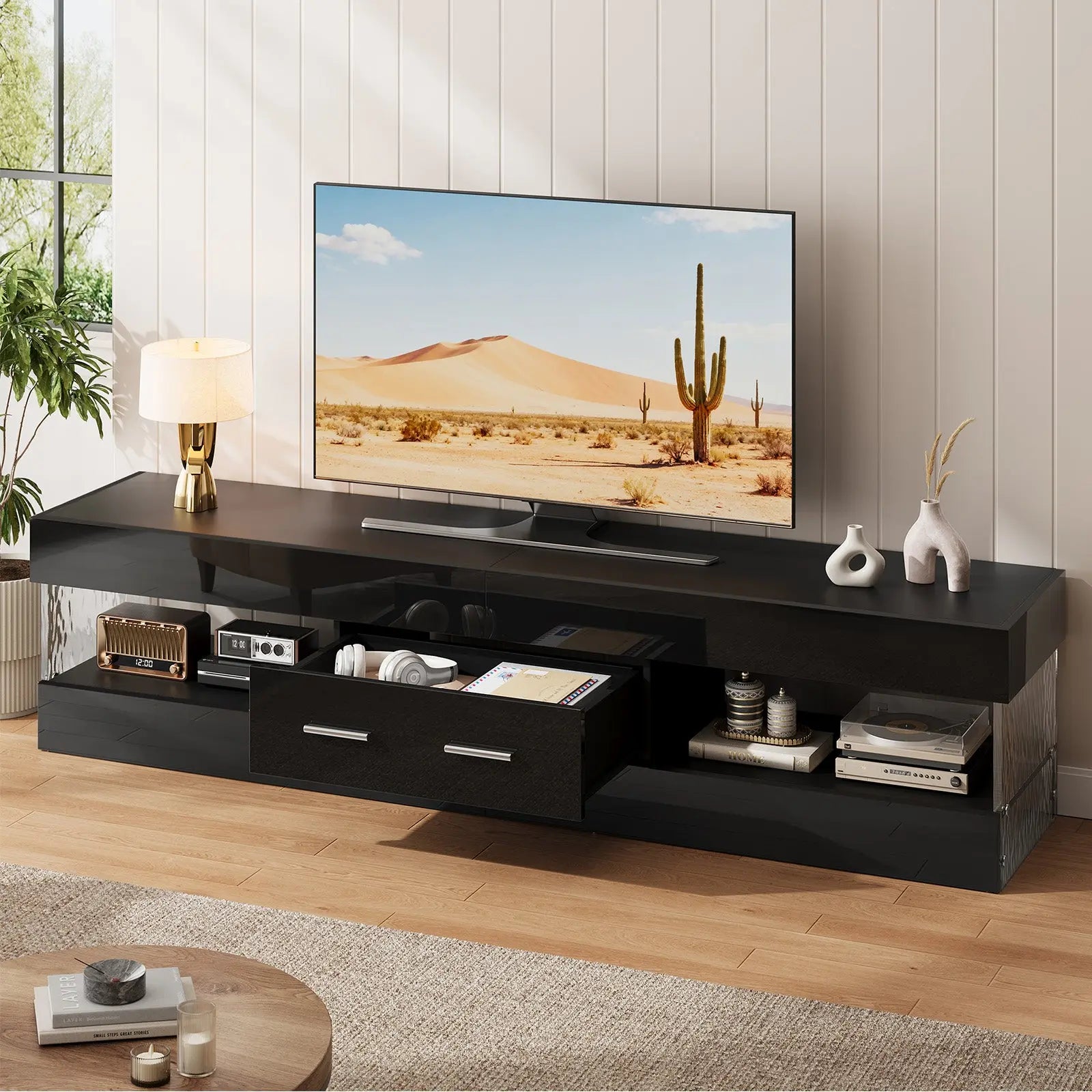 TV Stand for TVs up to 75" Modern Entertainment Center with LED Light High Gloss TV Console Table Storage Drawers Bestier